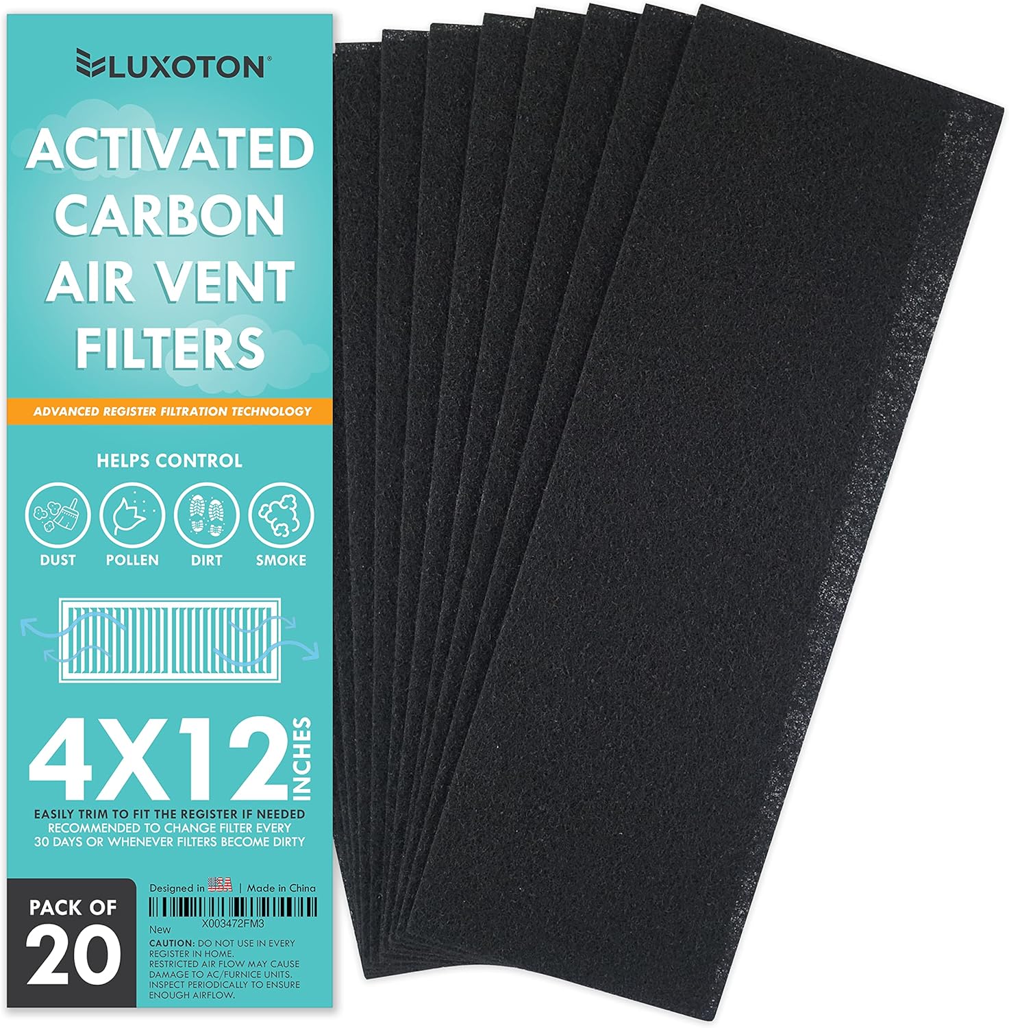 Activated Carbon Air Vent Filters for Home - 20 Pieces 4 x 12 Floor Vent Filters, Charcoal Vent Filter, AC Vent Filter, Floor Register Filters, Home Vent Filters Register, Dust Control Home