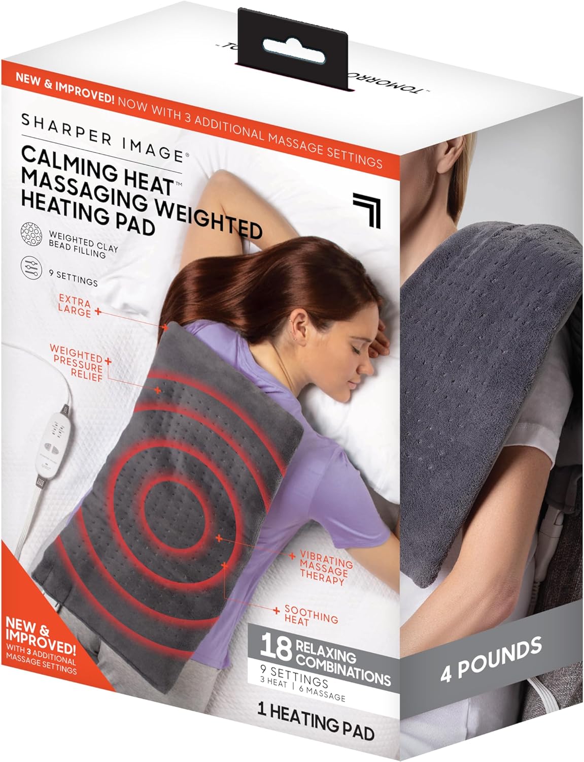 Calming Heat Massaging Weighted Heating Pad by Sharper Image- Weighted Electric Heating Pad with Massaging Vibrations, 6 Settings- 3 Heat, 3 Massage- 9 Relaxing Combinations, 12 x 24, 4 lbs