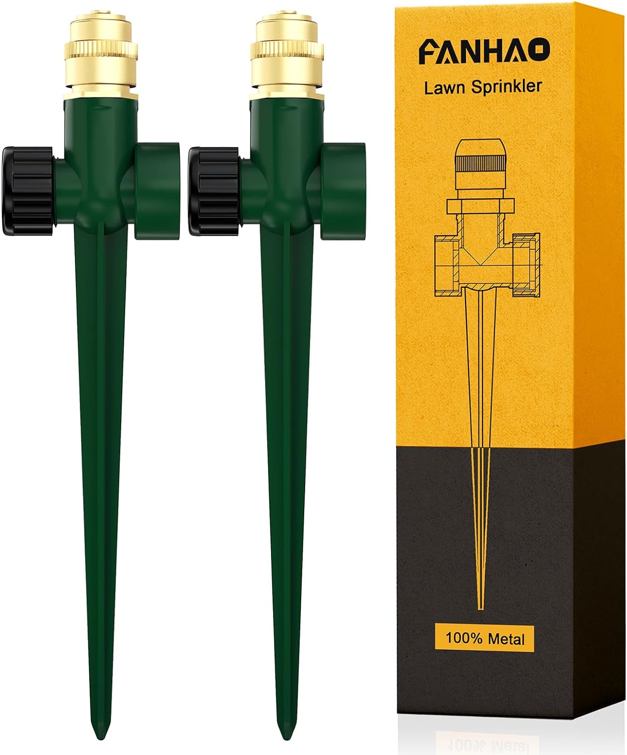 FANHAO 2 Pack Metal Lawn Sprinkler for Yard, Automatic Garden Water Sprinkler on Spike Base, Adjustable Brass Sprinkler Nozzle 360 Degree Large Area Coverage for Lawn Grass Patio Garden Irrigation