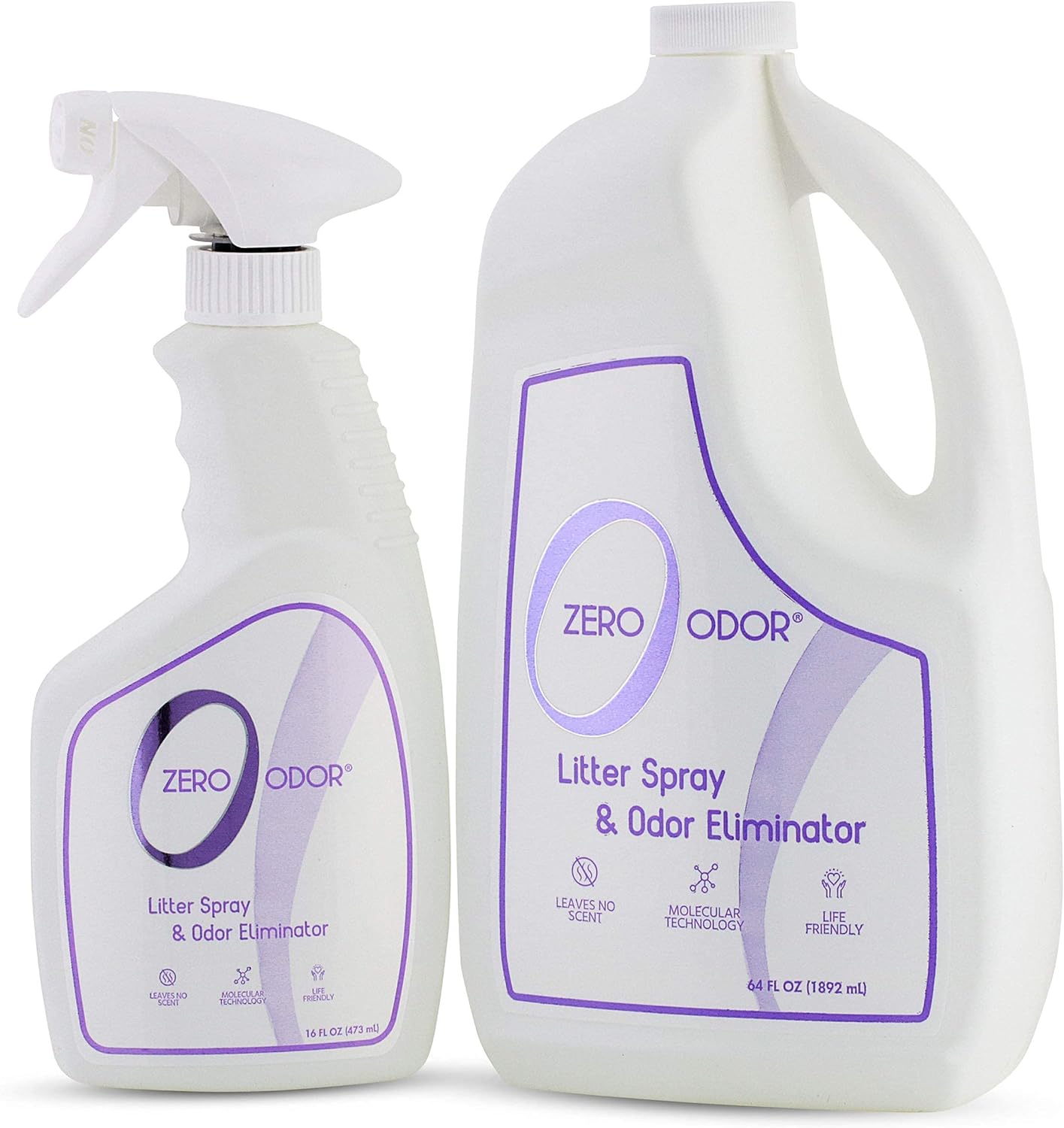 Zero Odor  Litter Odor Eliminator Bundle- Eliminate Litter Odors with Best Patented Molecular Technology - Pet Safe & Works on All Types of Litter, 16oz & 64oz Refill