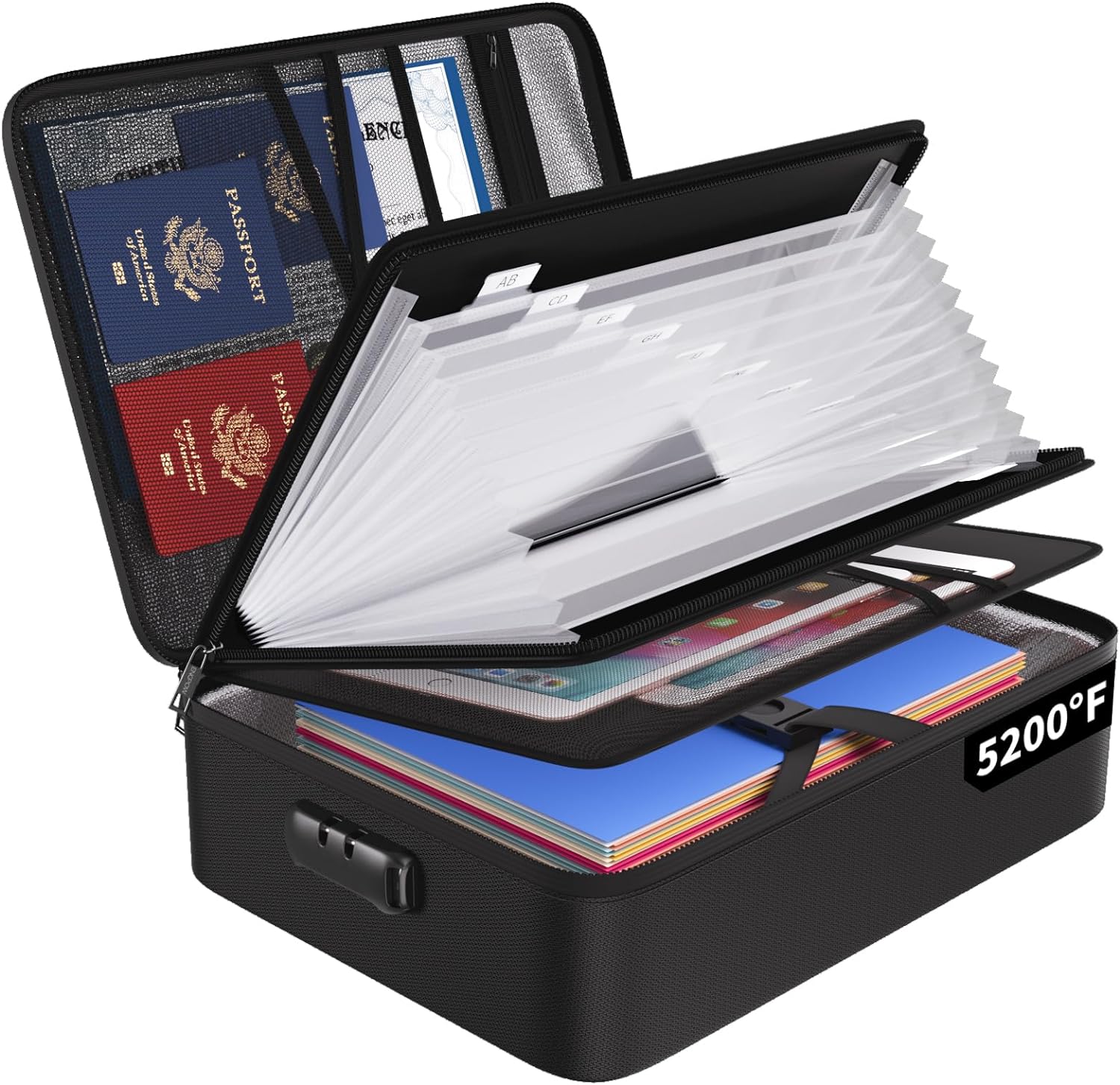 ENGPOW 5200 Fireproof File Organizer Bag with 13 Pocket Accordion File Folder,Document Organizer Box with Lock&Labels,Multi-Layer Portable Home Travel Safe Storage Box for Important Documents,Files