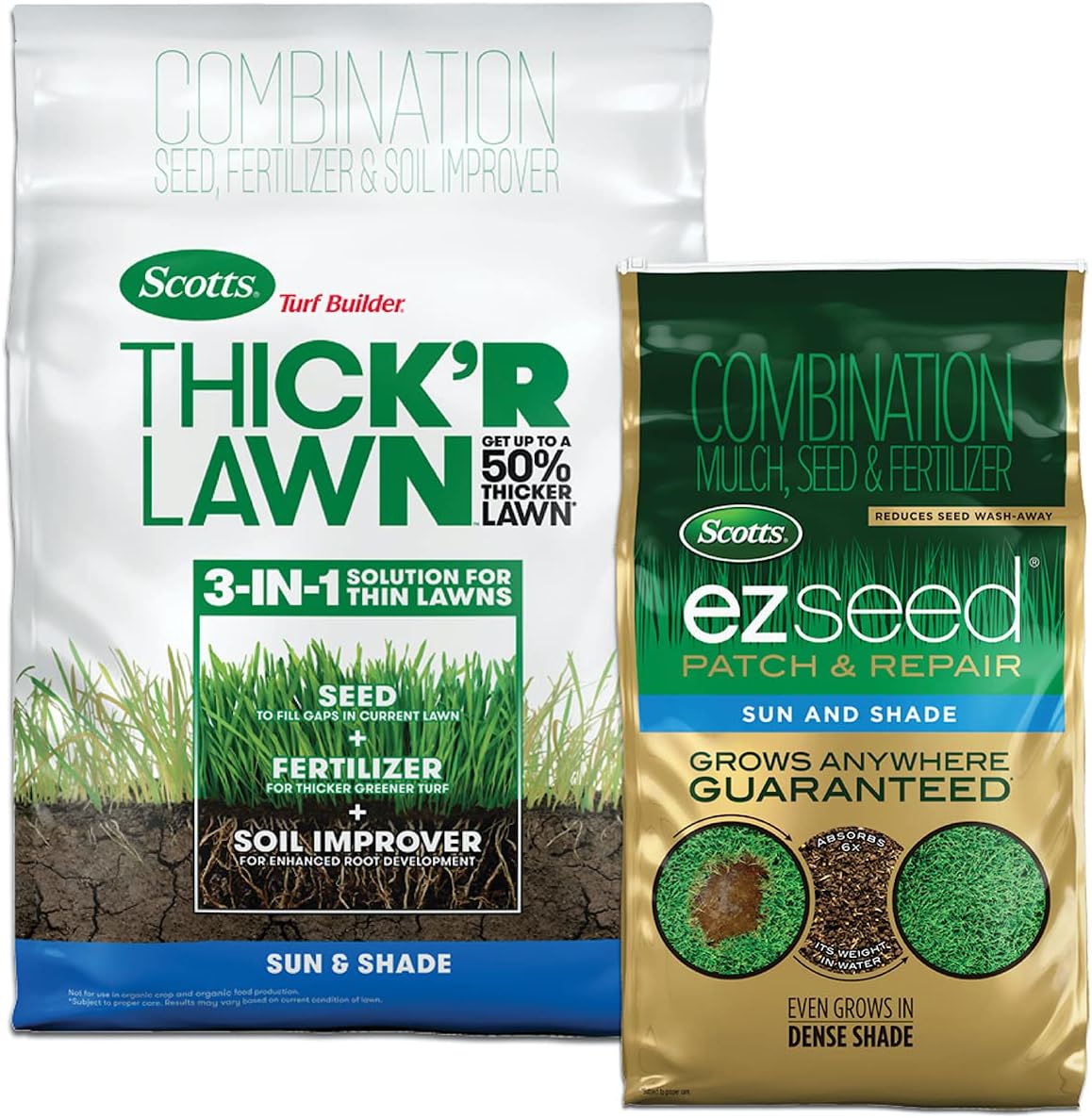 Scotts Turf Builder THICK'R LAWN and EZ Seed Patch & Repair for Sun & Shade, Grass Seed, Fertilizer, and Soil Improver Bundle