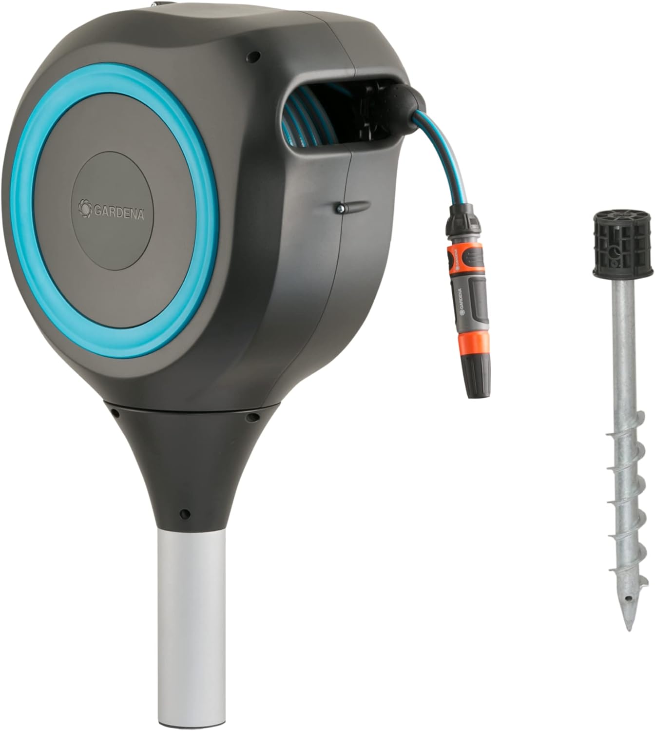 Gardena 18614-20 66 Foot Auto Retractable Hose Reel on Metal Spike, Feet, Standard, Turquoise