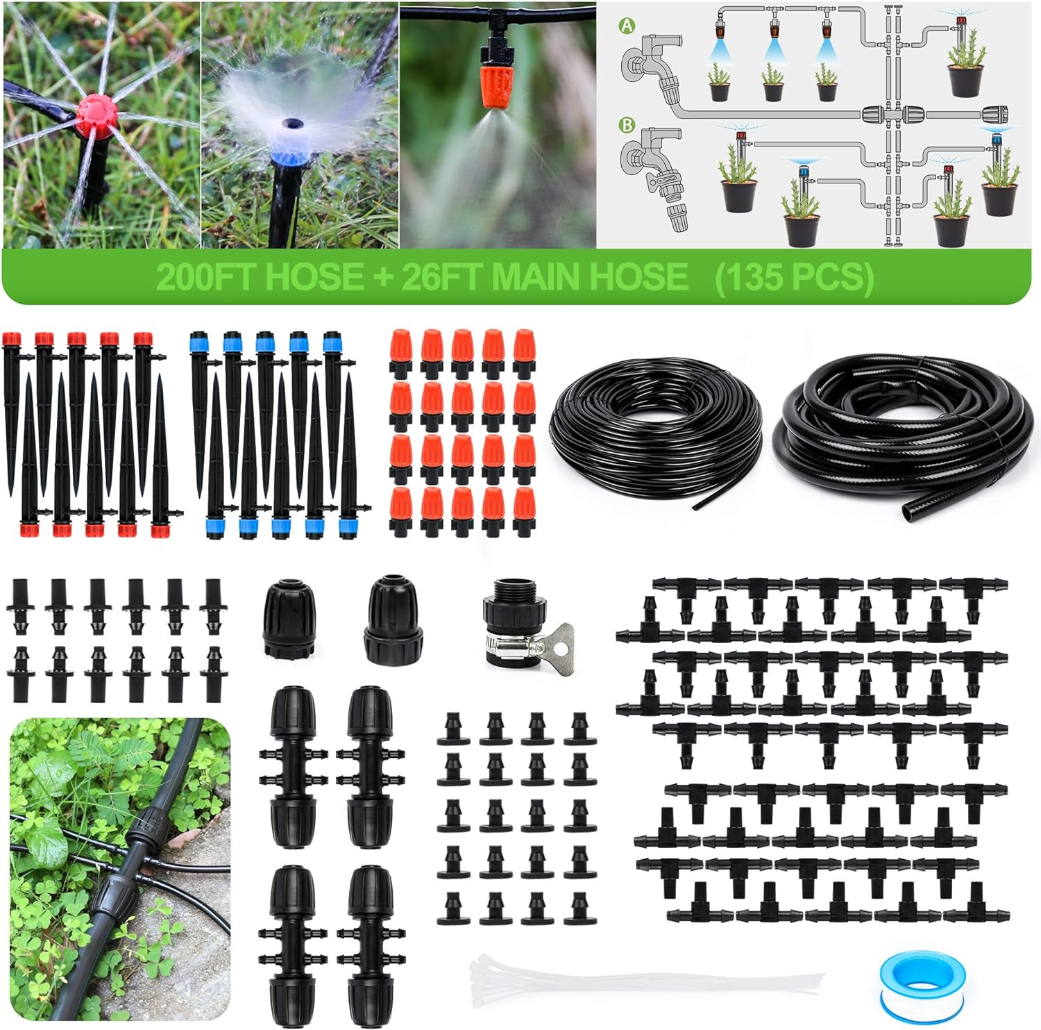 MIXC 226FT Greenhouse Micro Drip Irrigation Kit Automatic Irrigation System Patio Misting Plant Watering System with 1/4 inch 1/2 inch Irrigation Tubing Hose Adjustable Nozzle Emitters Barbed Fittings