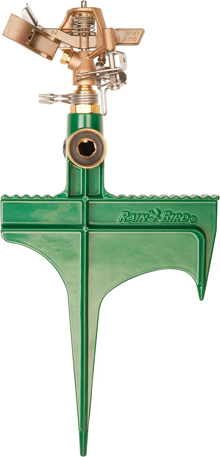 Rain Bird 25PJLSP Hose-End Brass Impact Sprinkler on Large Spike, Adjustable 20 - 360 Pattern, 20' - 41' Spray Distance , Green