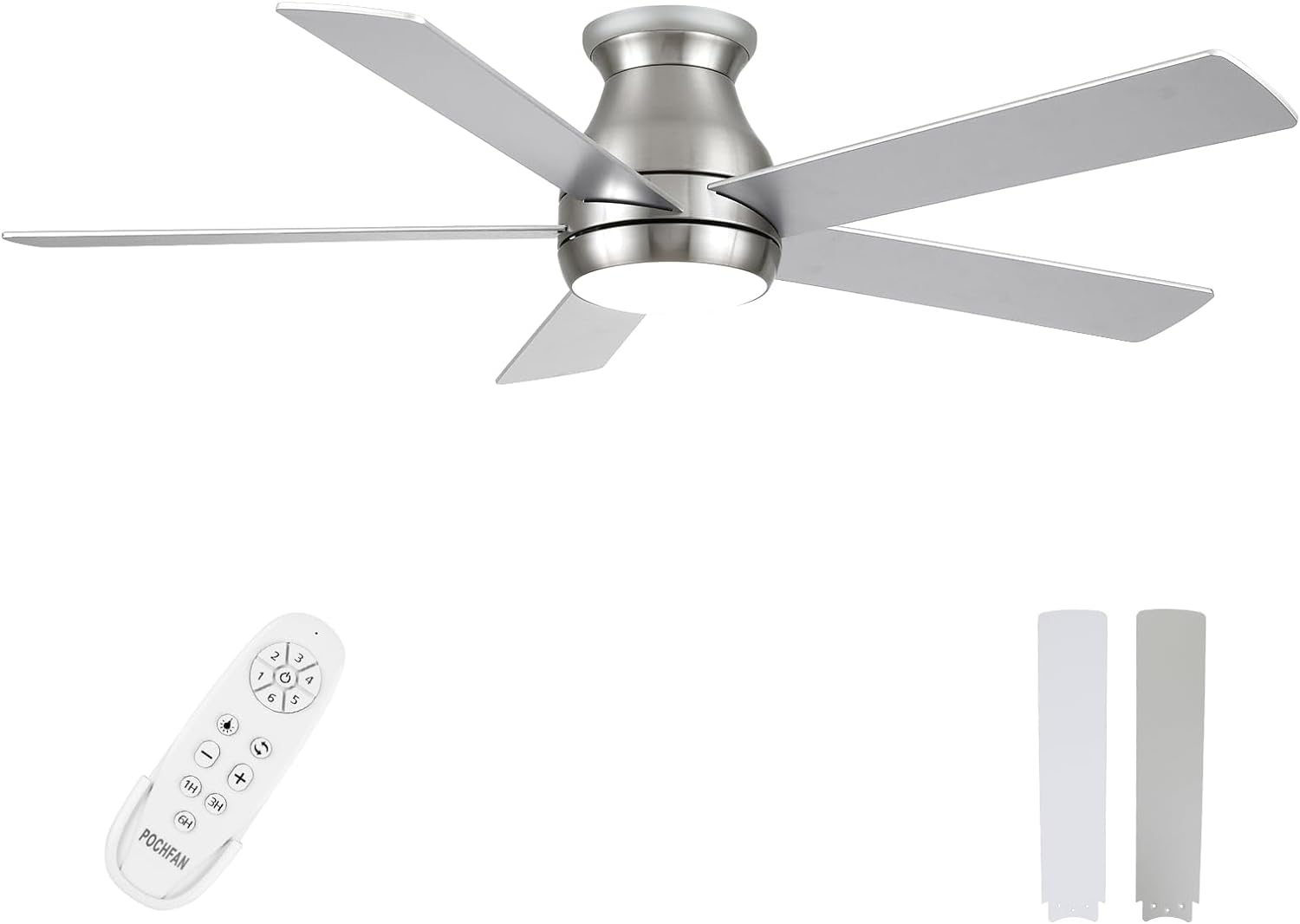 52 Inch Low Profile Ceiling Fans With Lights and Remote, Flush Mount Ceiling Fan, LED Dimmable DC Reversible Modern Ceiling Fan for Bedroom, Living Room, Dining Room etc, Brushed Nickel