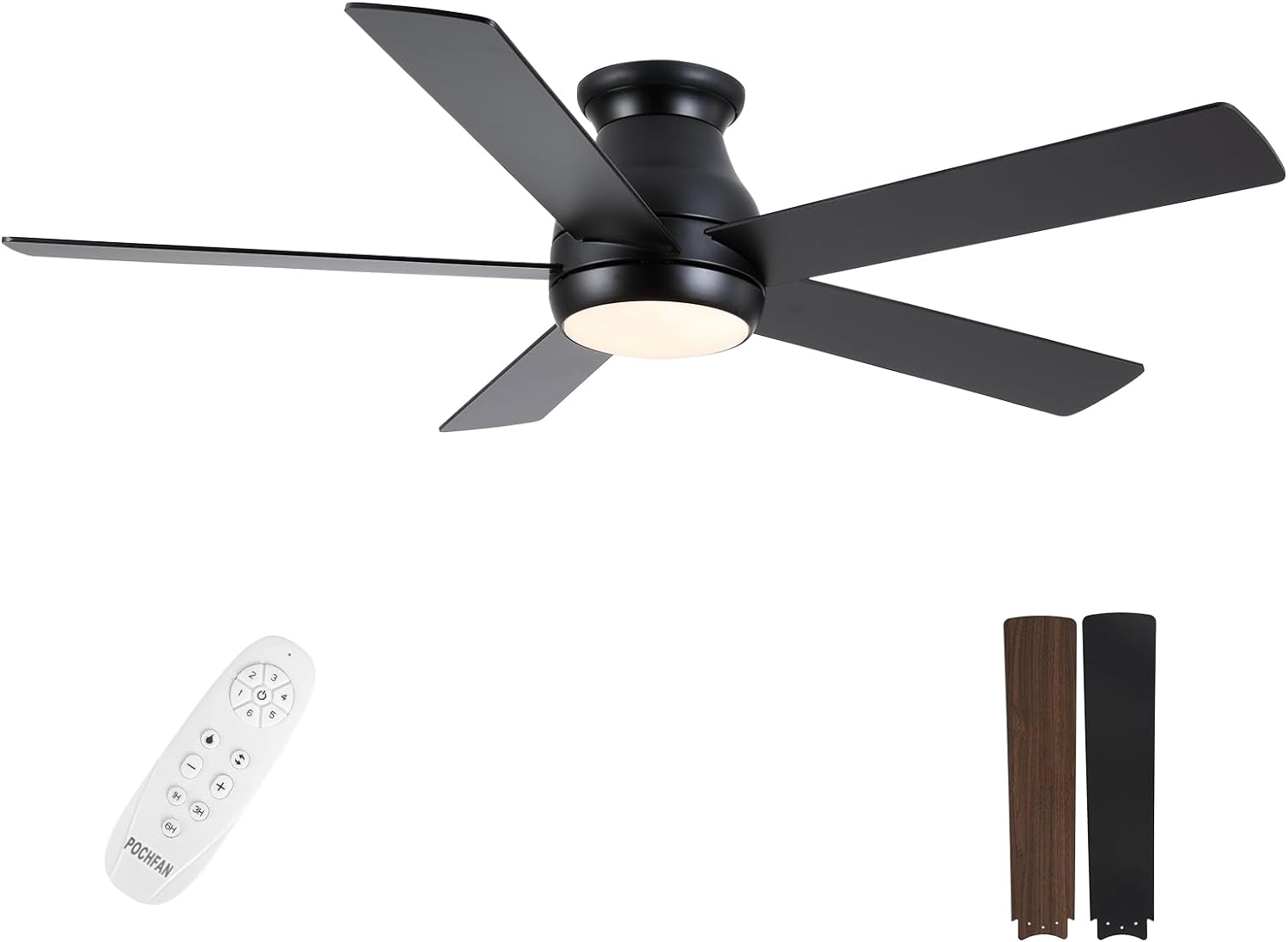 52 Inch Ceiling Fans With Lights and Remote, LED Flush Mount Black Ceiling Fan with Quiet DC Motor, Dimmable 6 Speeds Reversible Low Profile Modern Ceiling Fan for Bedroom, Living Room