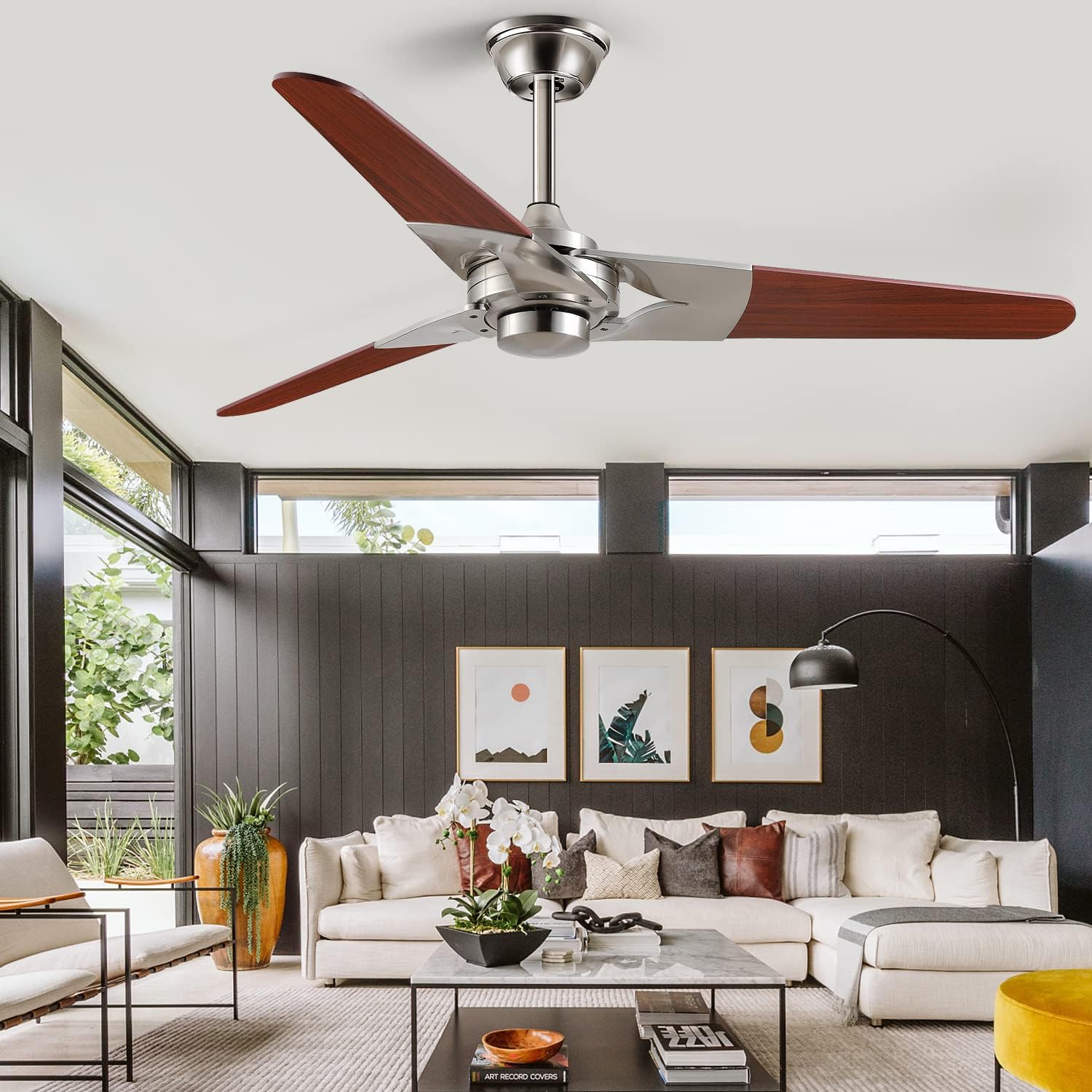 52 Modern Wood Ceiling Fan Without Light,Indoor and Outdoor Reversible Ceiling Fan No Lights With Remote Control Timer Setting For Patios Living Room Kitchen(Brushed Nickel)