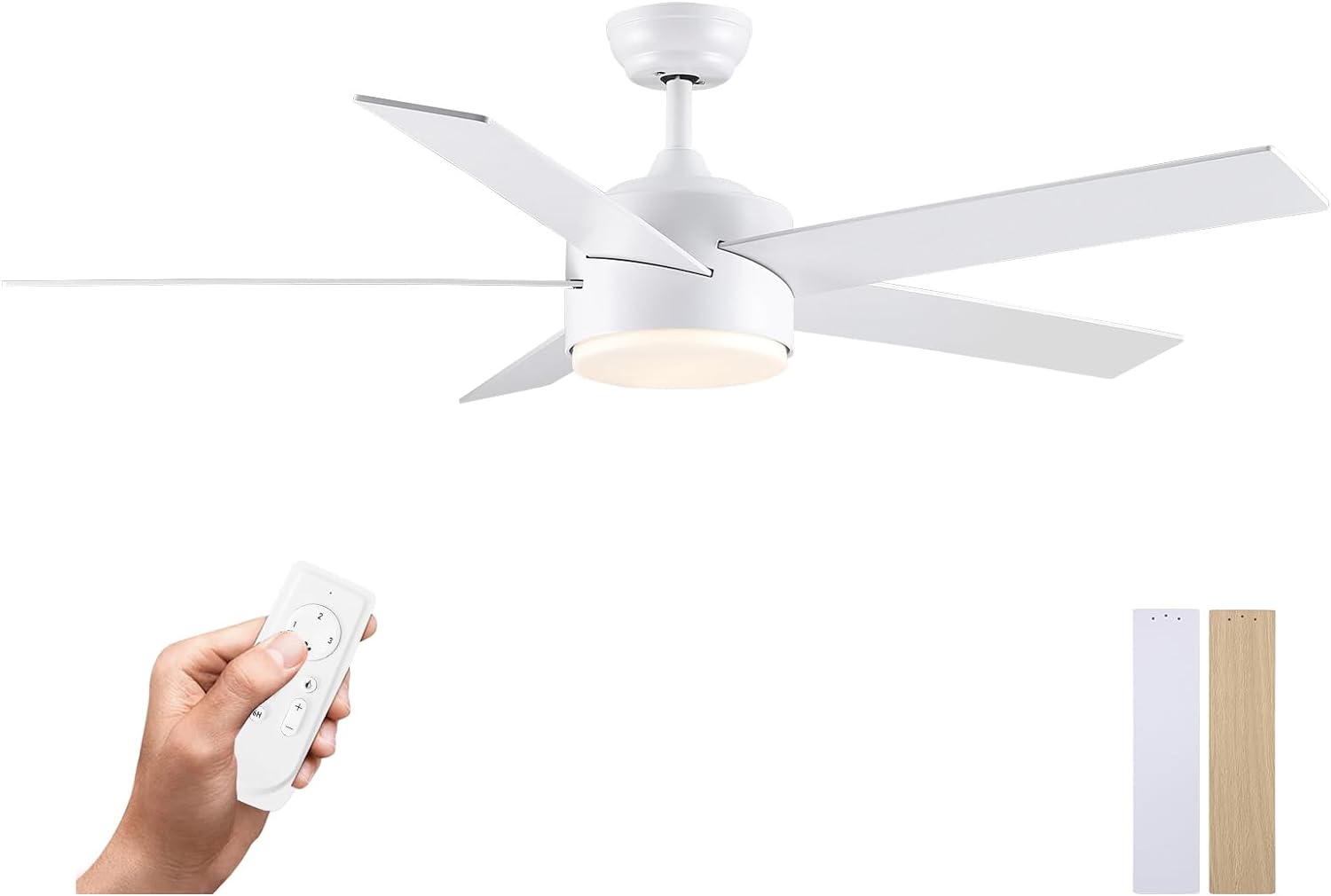 52 inch White Ceiling Fans with Lights and Remote Control, Dimmable 3-Color Temperature, Quiet Reversible Motor, Wooden 5 Blades LED Modern Ceiling Fan for Bedroom, Living Room, Dining Room