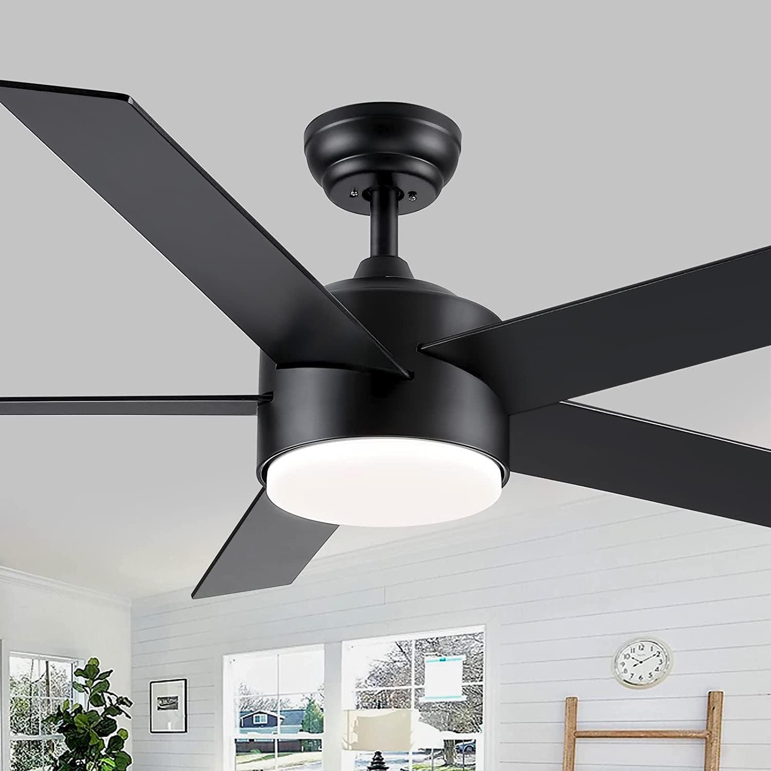 52 inch Black Ceiling Fans with Lights and Remote Control, Dimmable 3-Color Temperatures LED Ceiling Fan, Wooden Quiet Reversible Modern Ceiling Fan for Bedroom, Living Room, Dining Room