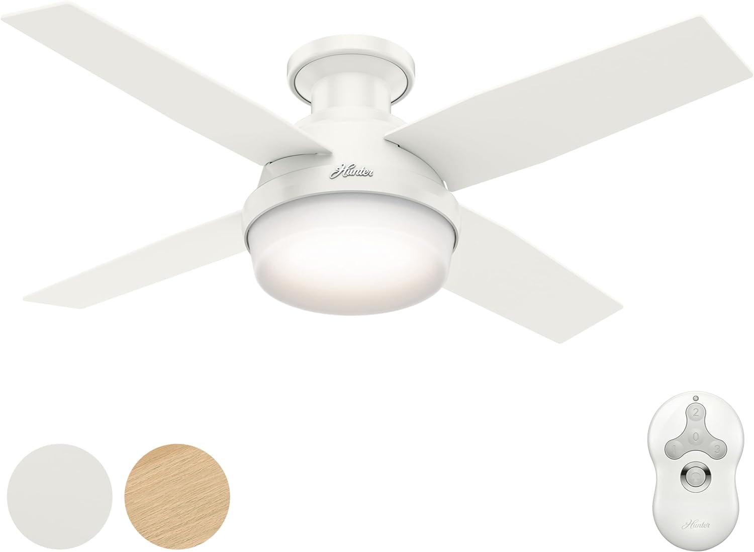 Hunter Fan 44 Inch Fresh White Ceiling Fan with Light and Remote Control, Indoor Ceiling Fan with 4 Blades for Bedroom, Living Room, Office, Basement, Kitchen, Dining Room (Renewed)