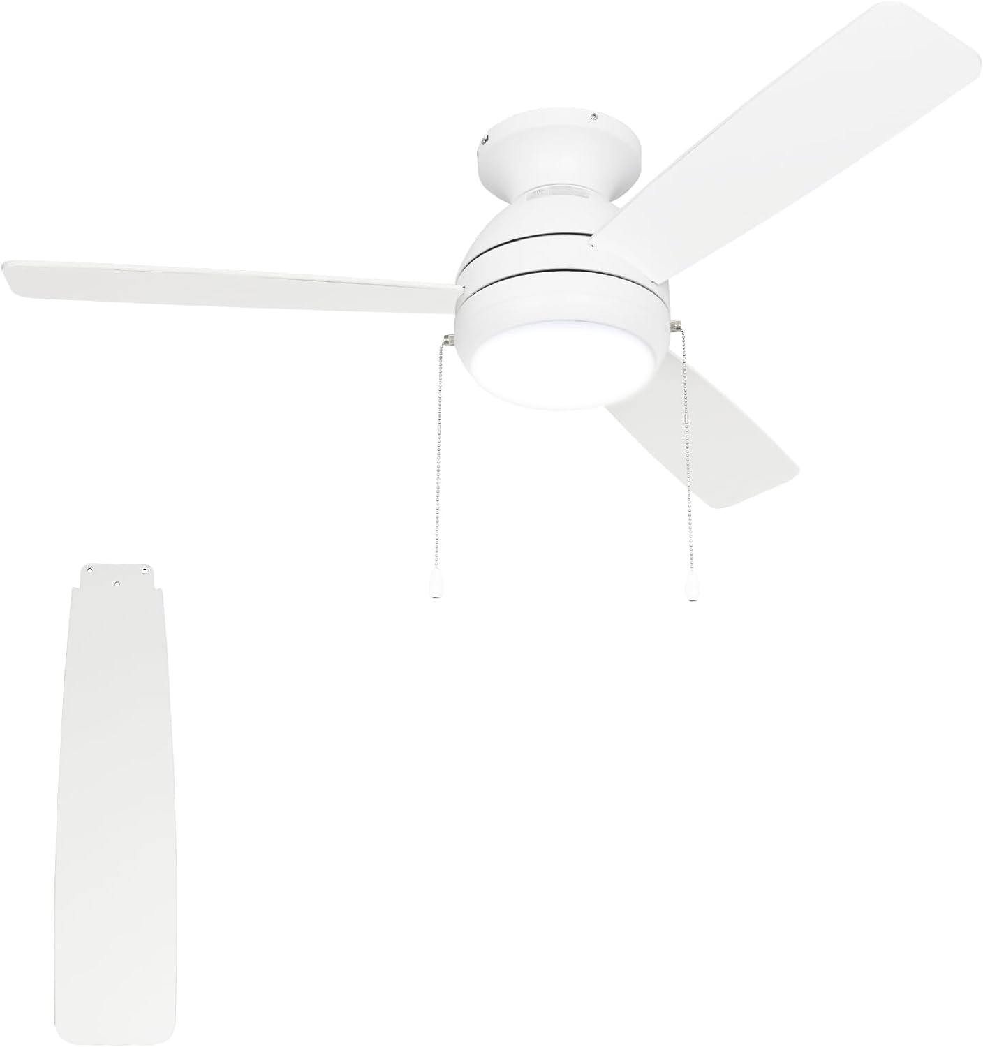 hykolity 44 inch Flush Mount Ceiling Fan with LED Lights(3000K/4000K/6000K) Pull Chain, Noiseless Reversible Motor, Low Profile Ceiling Fan, 3 Speed, ETL Listed, White