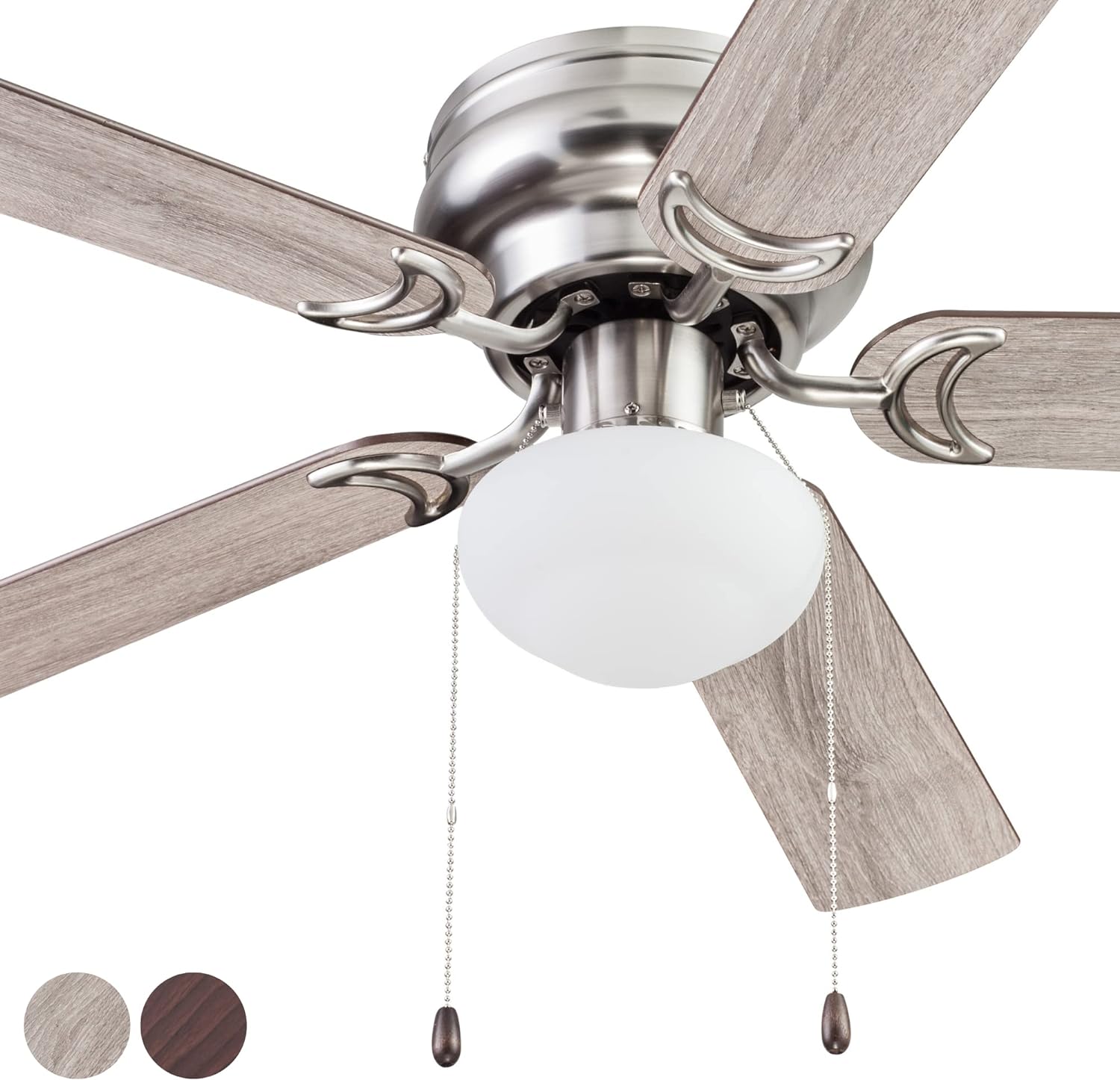 Prominence Home Alvina, 44 Inch Traditional Flush Mount Indoor LED Ceiling Fan with Light, Pull Chain, Dual Finish Blades, Reversible Motor - 51585-01 (Satin Nickel)