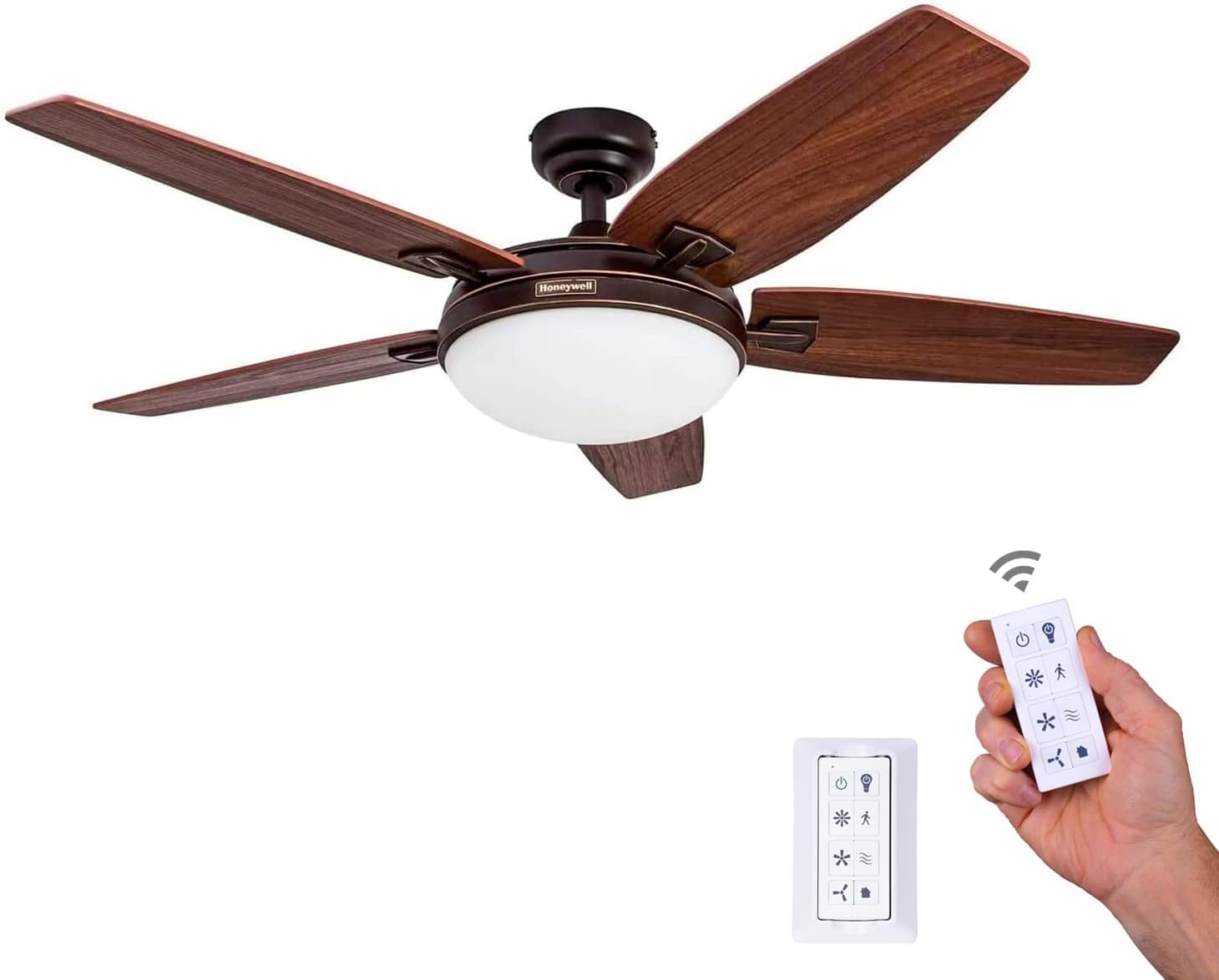 Honeywell Ceiling Fans Carmel, 48 Inch Contemporary Indoor LED Ceiling Fan with Light, Remote Control, Dual Mounting Options, Dual Finish Blades, Reversible Motor - 50197-01 (Bronze)