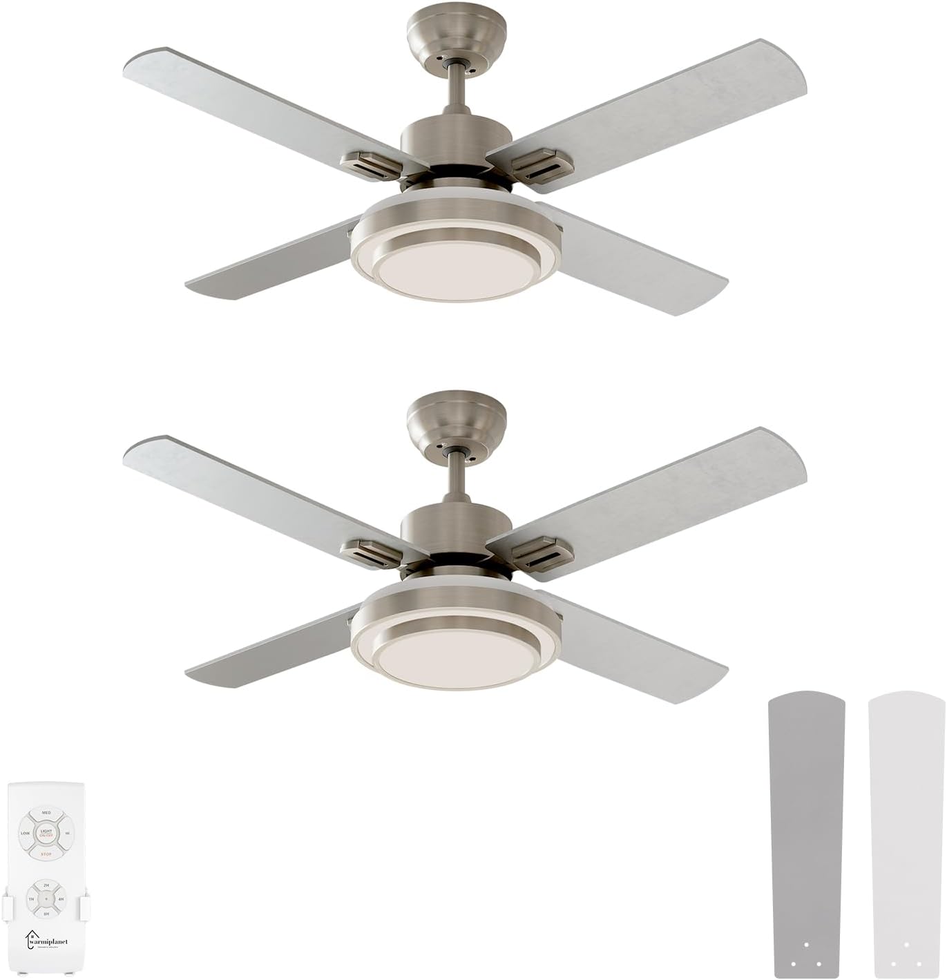 warmiplanet 44 Inch Indoor Ceiling Fan with Remote (2 Pack), Brushed Nickel Ceiling Fan with Lights Remote Control for Bedroom,Living Room, Office, Basement, Kitchen, Dining Room, 4 Blades