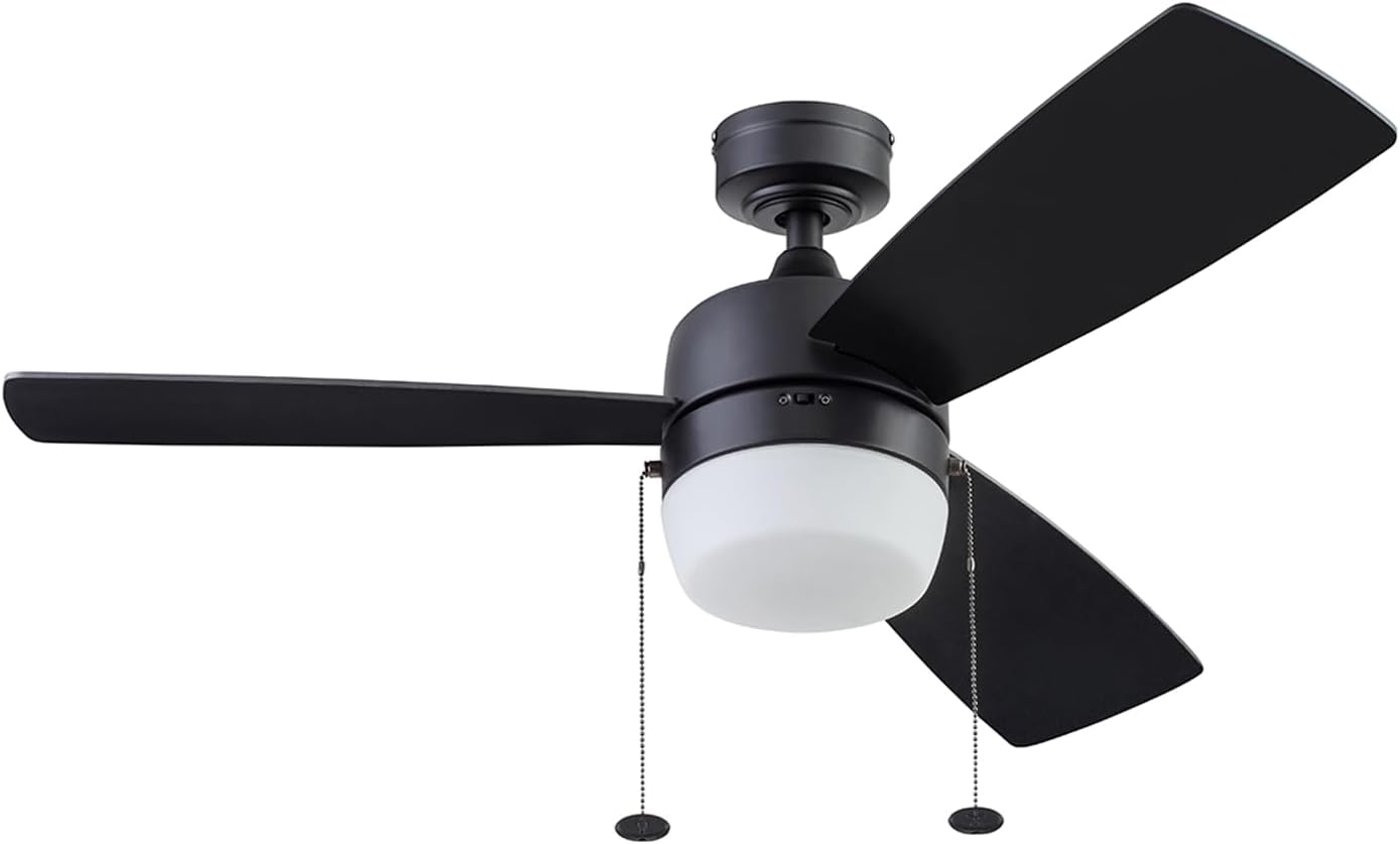 Barcadero, 44 Inch Contemporary Indoor LED Ceiling Fan with Light, Pull Chain, Dual Mounting Options, Dual Finish Blades, Reversible Motor - 51476-01 (Matte Black)