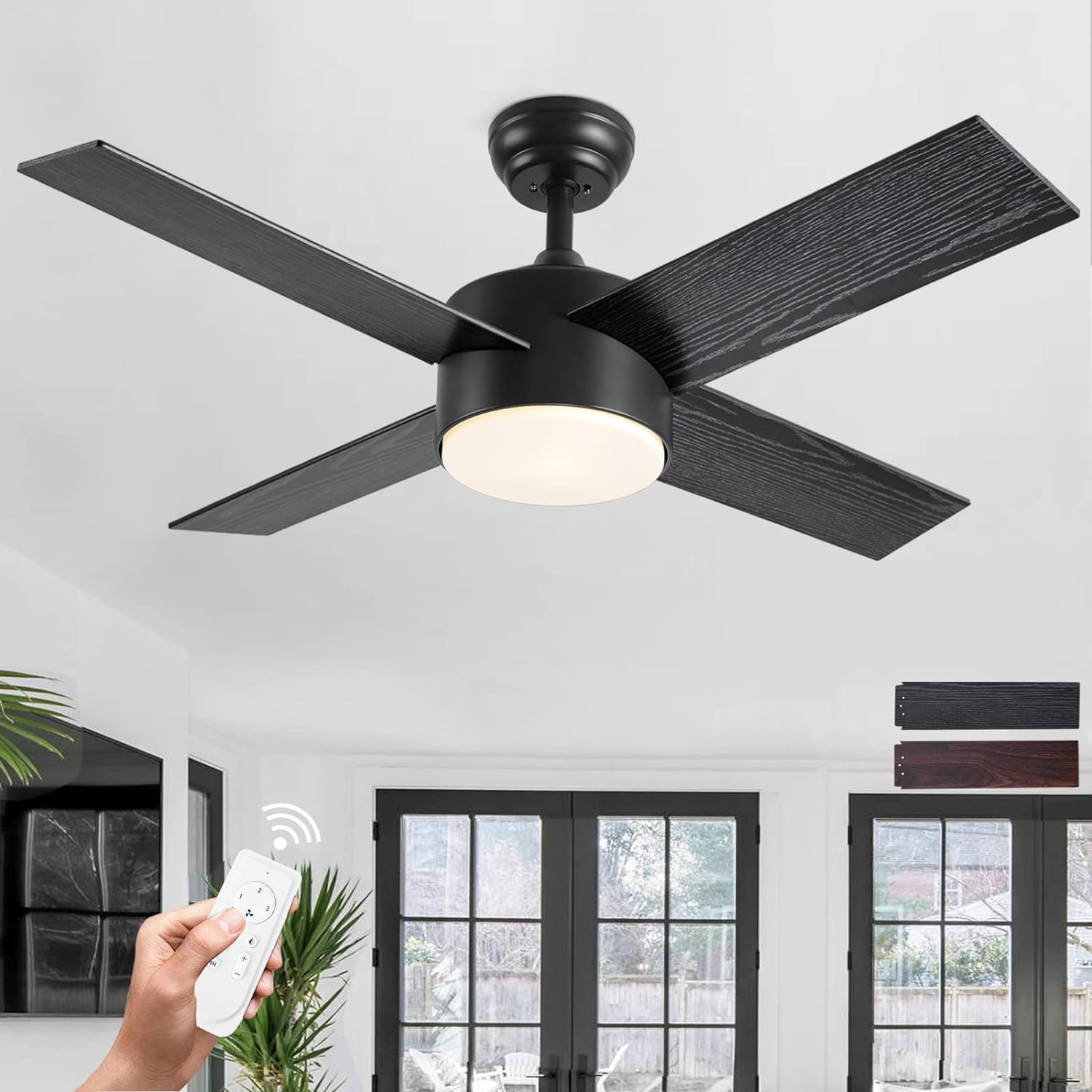 44 inch Ceiling Fans with Lights and Remote, Black Wooden Ceiling Fan with Light, Low Profile Ceiling Fan for Bedroom Farmhouse Indoor, Quiet Reversible Motor, Dimmable