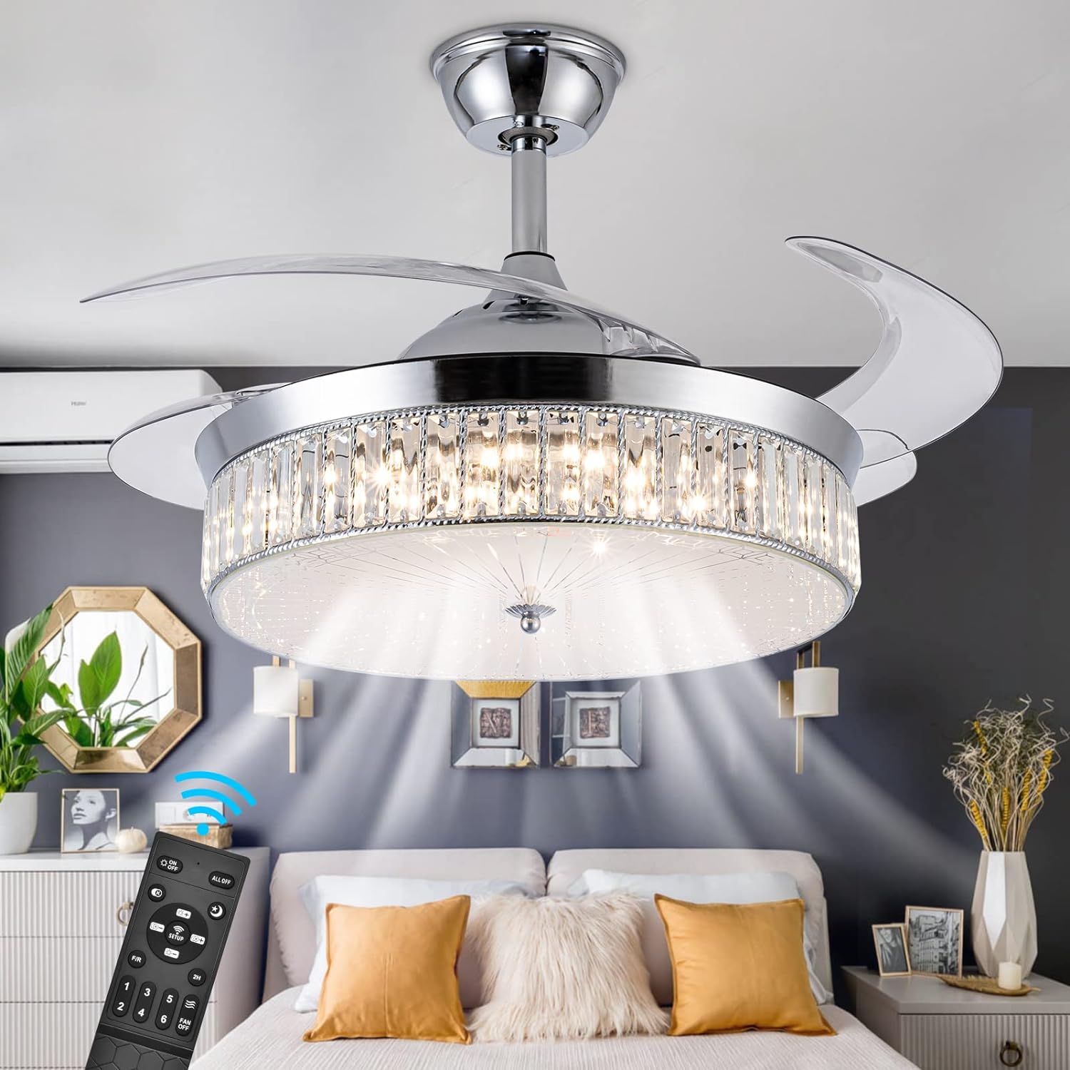 42 Retractable Crystal Ceiling Fans with Lights, Stepless Dimmable Chandelier Ceiling Fans Remote Control Invisible Blades, Reversible Fandelier Fans for Living Room Bedroom