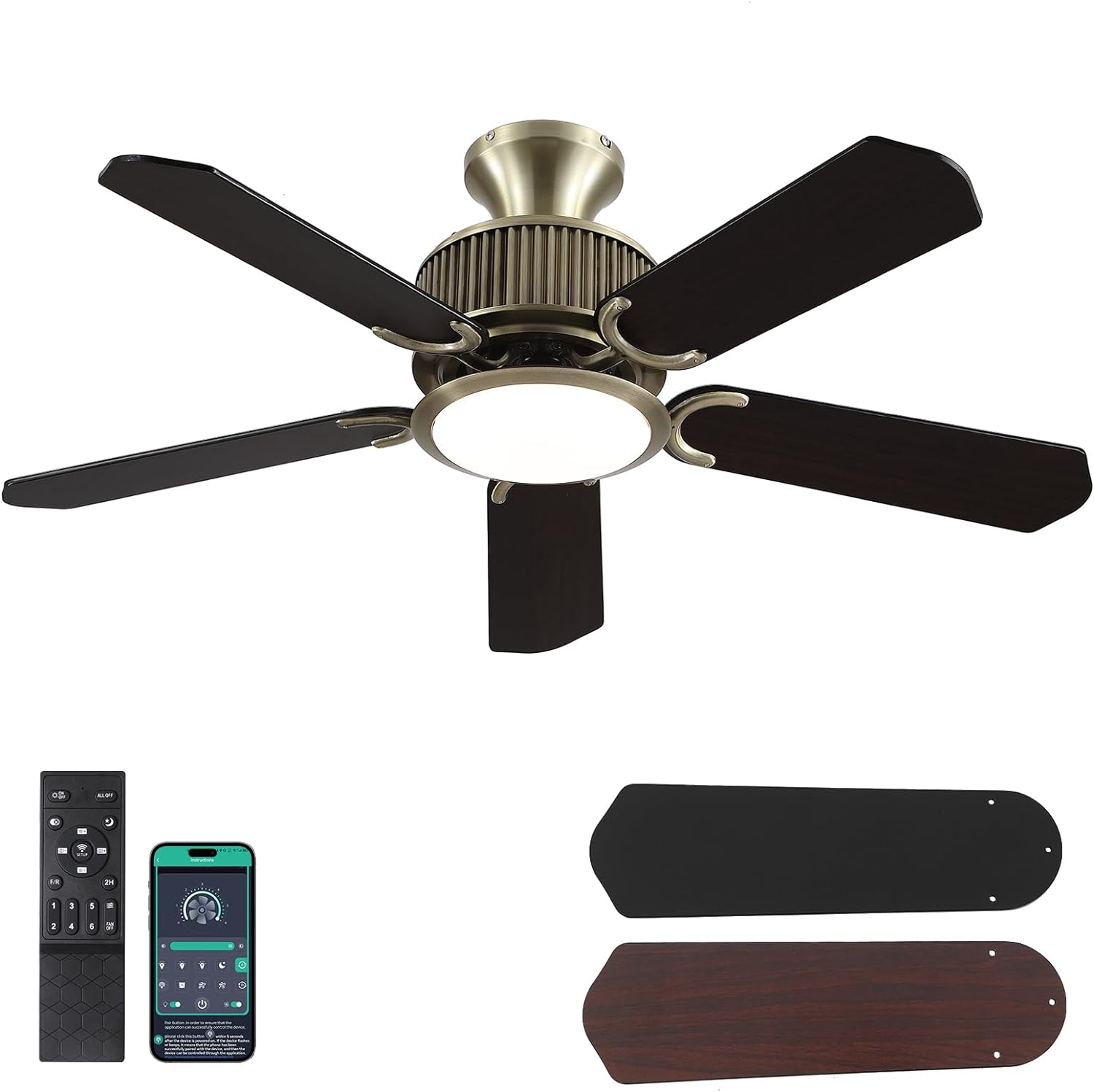 44 Inch Low Profile Ceiling Fans with Lights and APP&Remote Control,Farmhouse Flush Mount Ceiling Fan for Indoor/Outdoor,3 Colors Dimmable,5 Reversible Double-Sided Blades(Bronze)