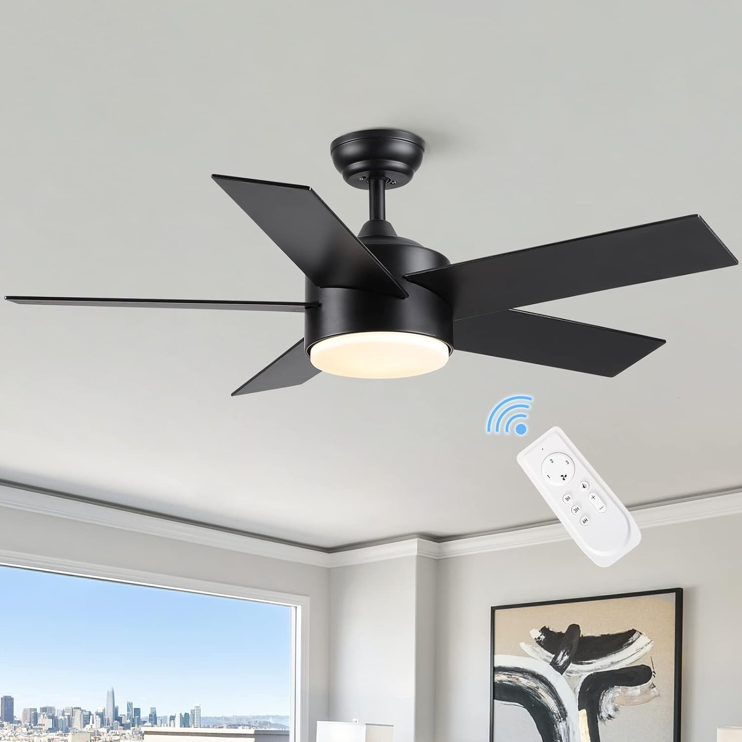 44 inch Black Ceiling Fan with Light Remote Control, Dimmable LED Ceiling Fans with Lights, 3-Colors, Reversible, Modern Ceiling Fan for Bedroom, Dining Room, Living Room