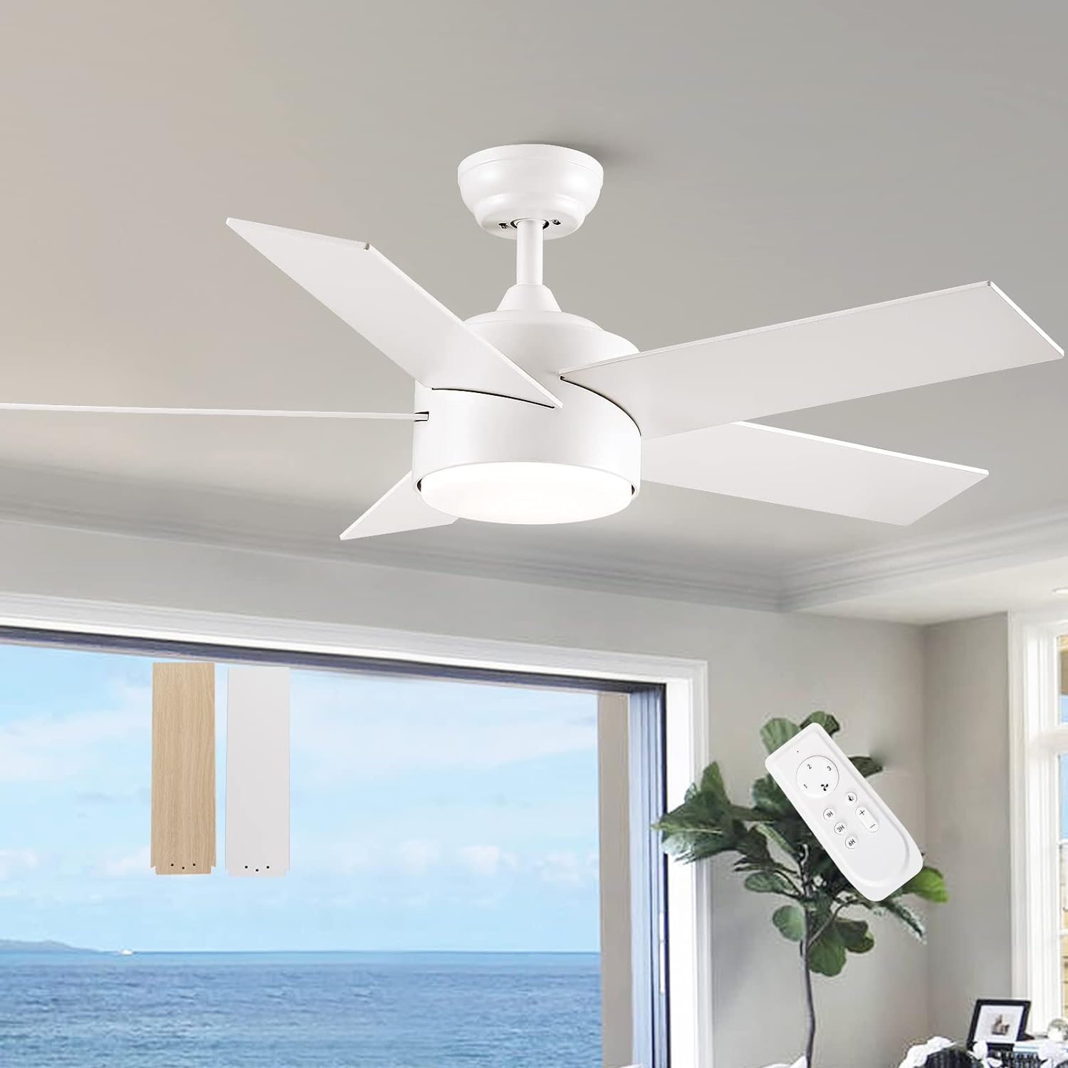 44 inch White Ceiling Fan with Lights and Remote Control, Dimmable Ceiling Fans with Lights,3-Color, Quiet Reversible Motor, Wood Modern Ceiling Fan for Bedroom, Living Room, Dining Room