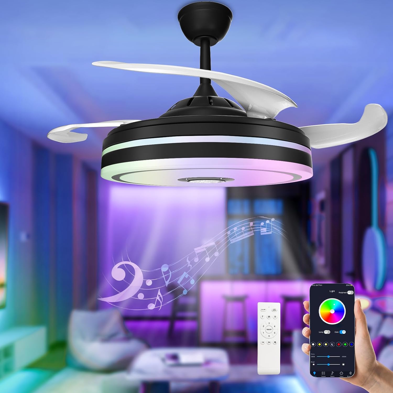 42 Retractable Ceiling Fans with Lights and Remote Control, Quiet DC Motor, Reversible Blades, Modern Style Farmhouse Ceiling Fan, for Bedroom, Living Room, Patio, Black