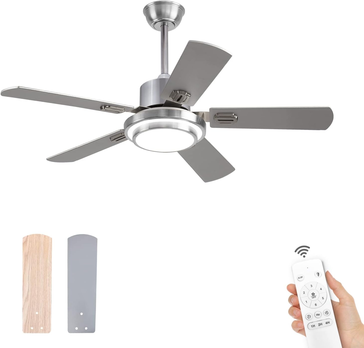 BOOMJOY 42 Sliver Ceiling Fans with Lights and Remote Control Wood Modern Small Ceiling Fan for Outdoor Indoor Kids Bedroom Living room Dinning room Farmhouse Patios Outside Dual 5 Blades DC Motor