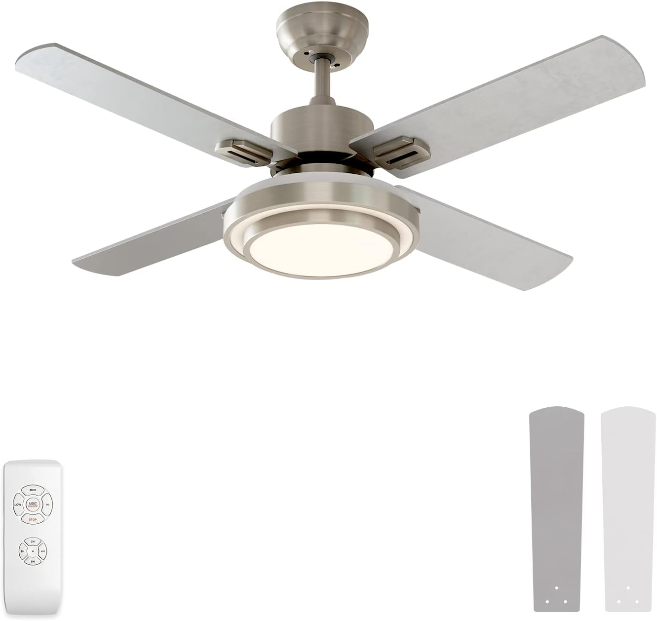 warmiplanet Ceiling Fan with Lights Remote Control, 44 Inch, Brushed Nickel Motor (4-Blades)