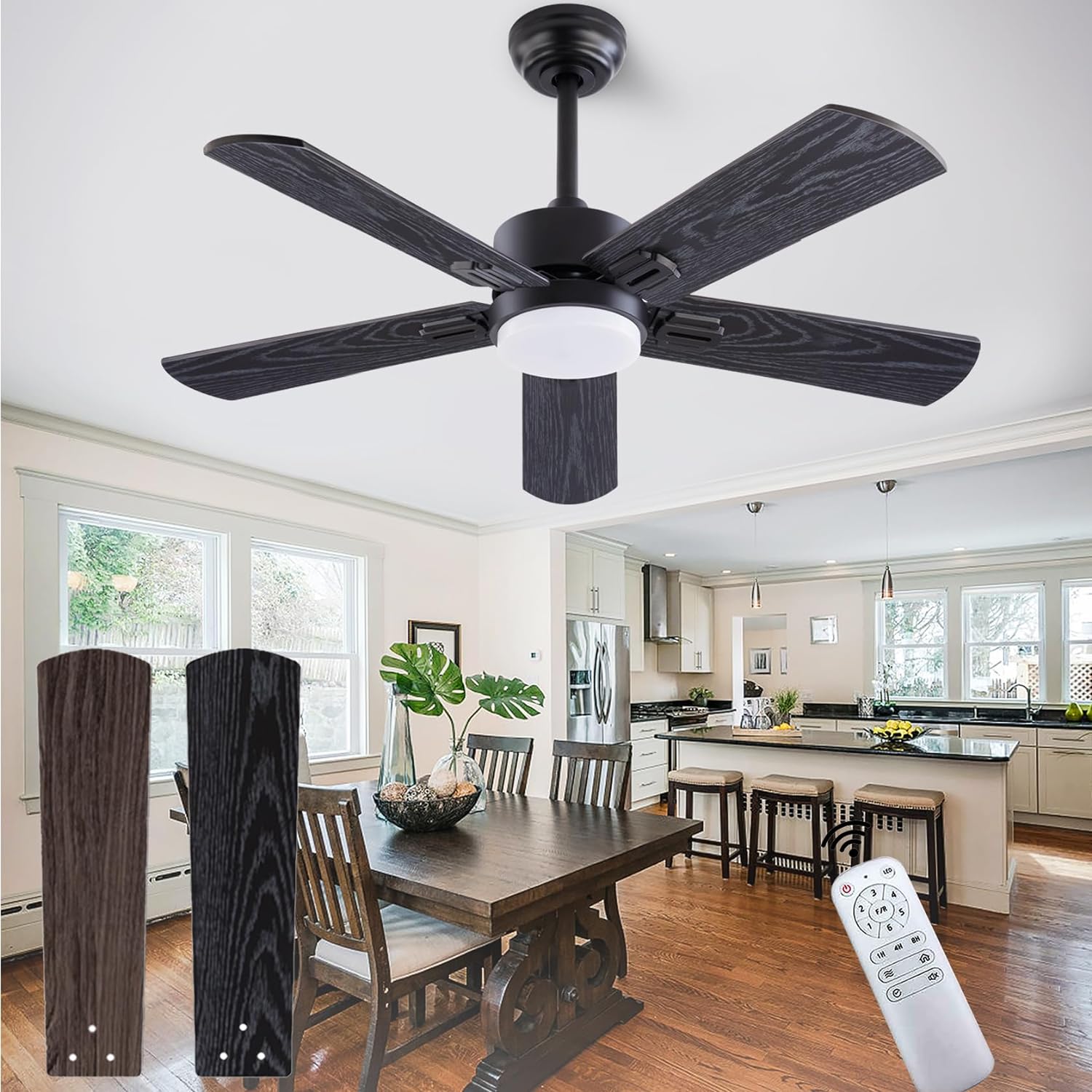 42 Ceiling Fan with Light and Remote,Farmhouse 5 Blades Quiet Reversible DC Motor Ceiling Fans for Modern Indoor/Outdoor/Patio/Living Room/Bedroom(Black/Walnut)