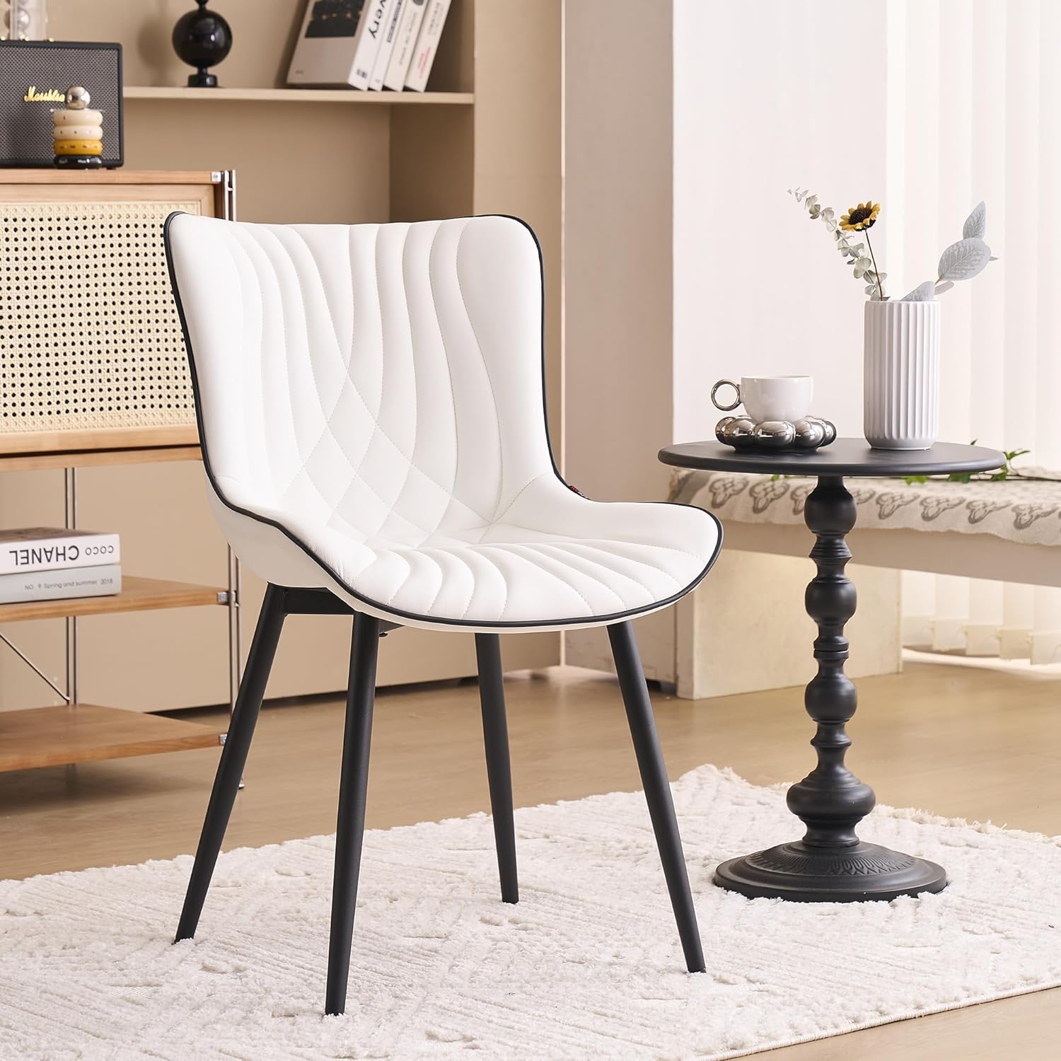 YOUTASTE White Dining Chairs Set of 2 Upholstered Mid Century Modern Kitchen Dining Room Chairs Armless Faux Leather Accent Chairs Metal Vanity Lounge Chair with Back for Living Room Bedrooms