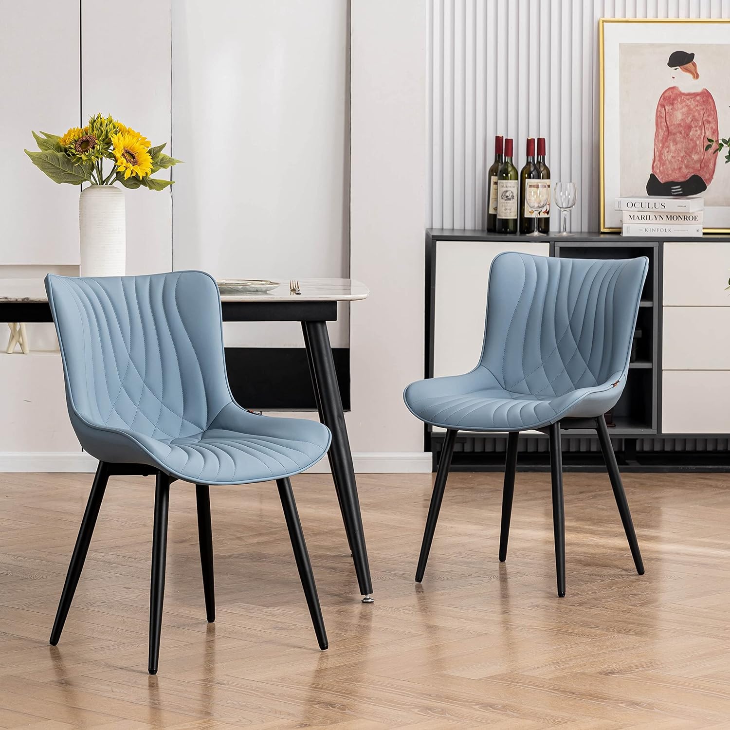 YOUTASTE Dining Chairs Set of 2 Upholstered Mid Century Modern Kitchen Dining Room Chairs Armless Faux Leather Accent Chairs Metal Vanity Lounge Chair with Back for Living Room Bedrooms,Blue