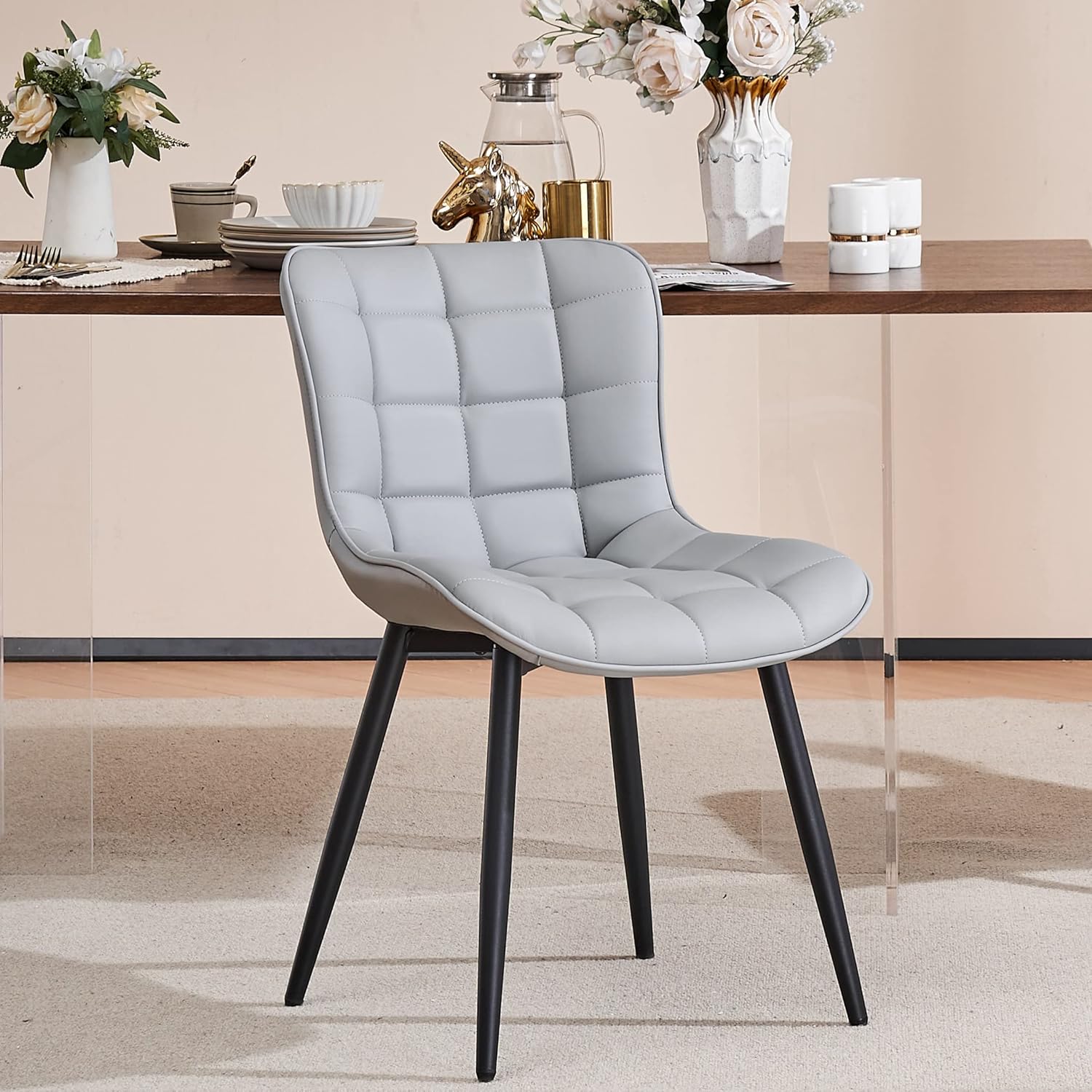 YOUTASTE Grey Dining Chairs Set of 2 PU Leather Upholstered Modern Armless Dining Room Chair with Back Metal Kitchen Dinner Accent Guest Chairs for Vanity Reception Waiting Room