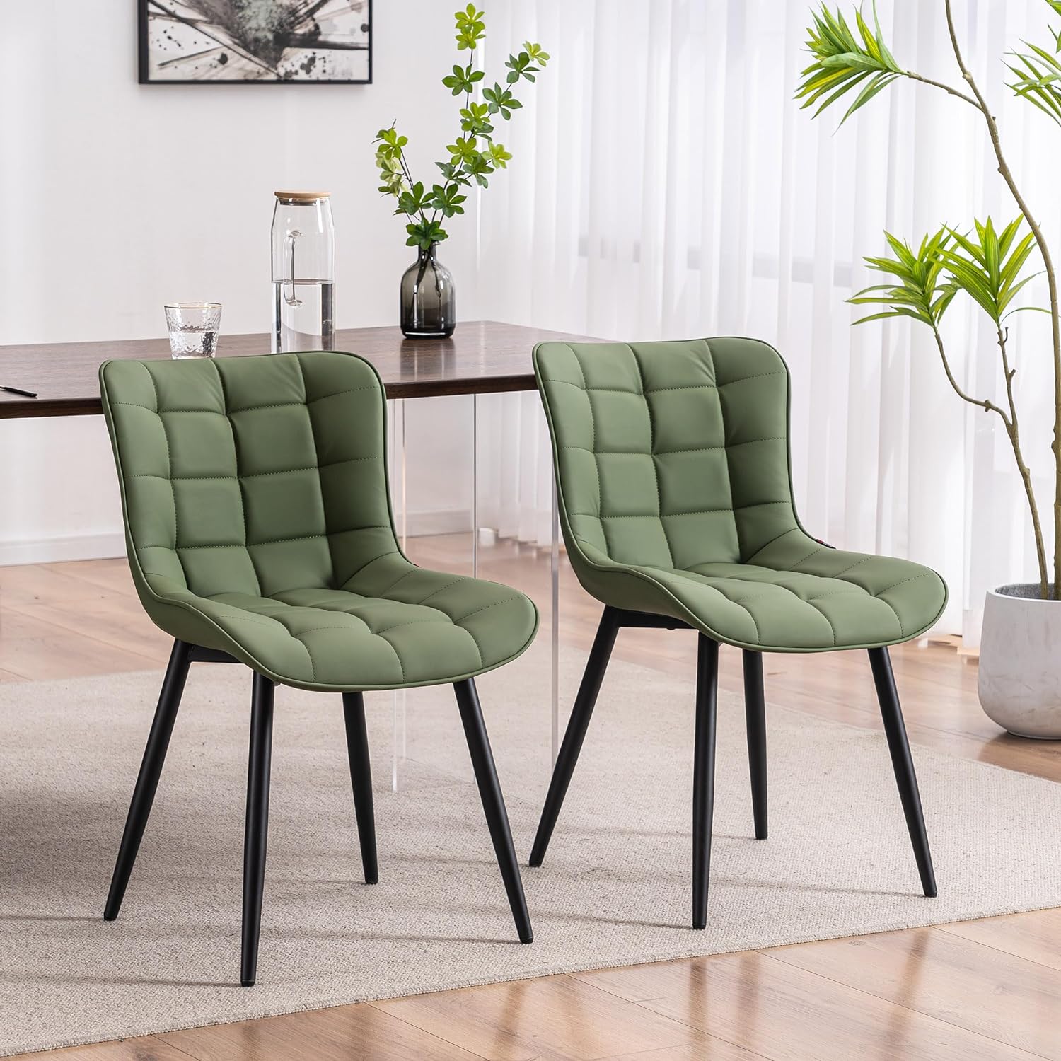 YOUTASTE Olive Green Dining Chairs Set of 2 PU Leather Upholstered Modern Armless Dining Room Chair with Back Metal Legs Kitchen Dinner Accent Guest Chairs for Vanity Reception Waiting Room