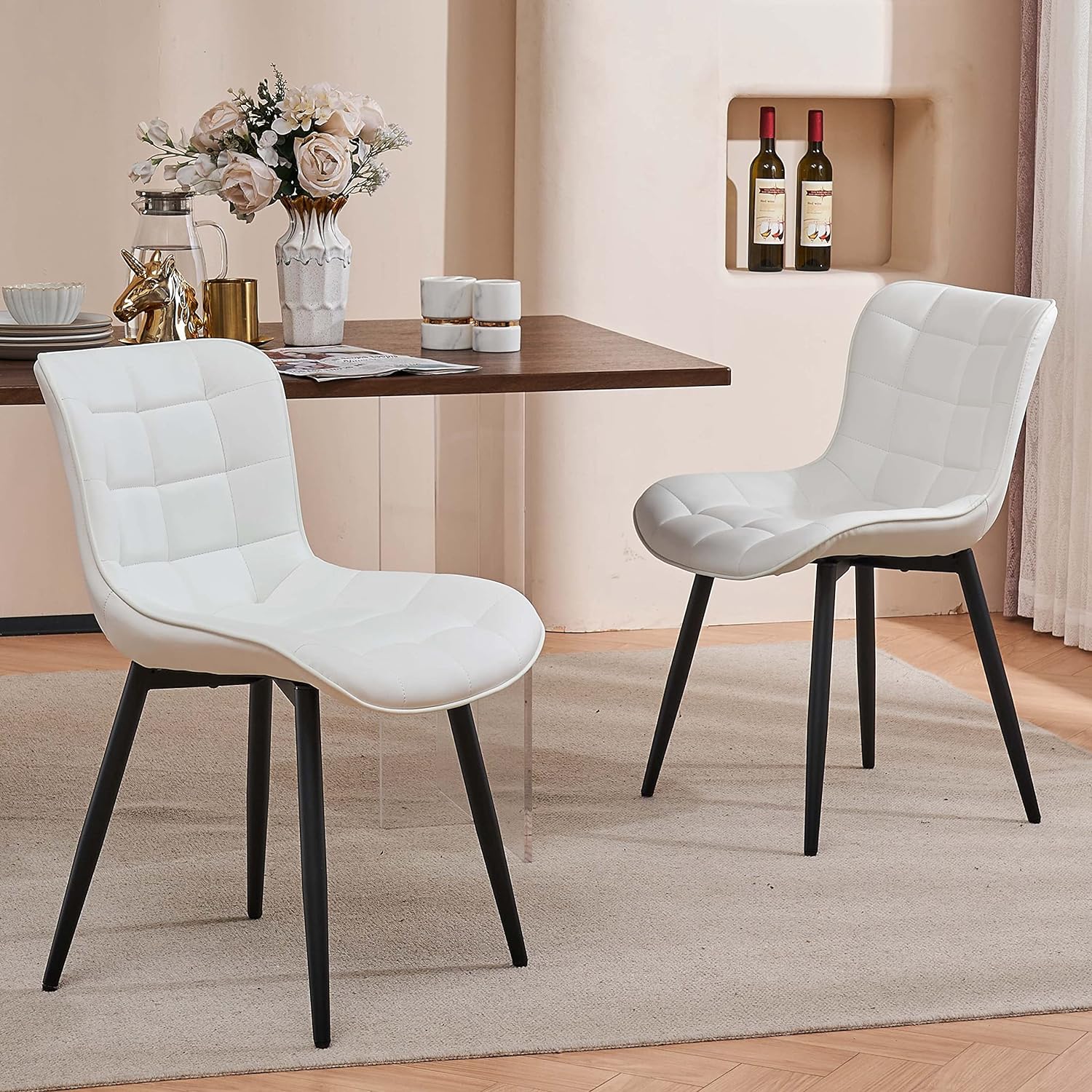 YOUTASTE White Dining Chairs Set of 2 PU Leather Upholstered Modern Armless Dining Room Chair with Back Metal Legs Kitchen Dinner Accent Guest Chairs for Vanity Reception Waiting Room