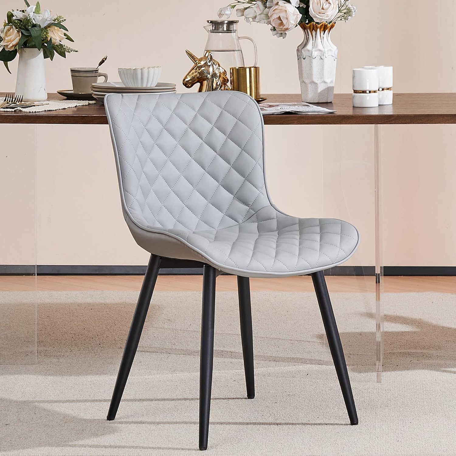 YOUTASTE Grey Dining Chairs Set of 2 Mid Century Modern PU Leather Diamond Upholstered Accent Guest Dinner Chair with Back Metal Legs for Kitchen Living Reception Waiting Room