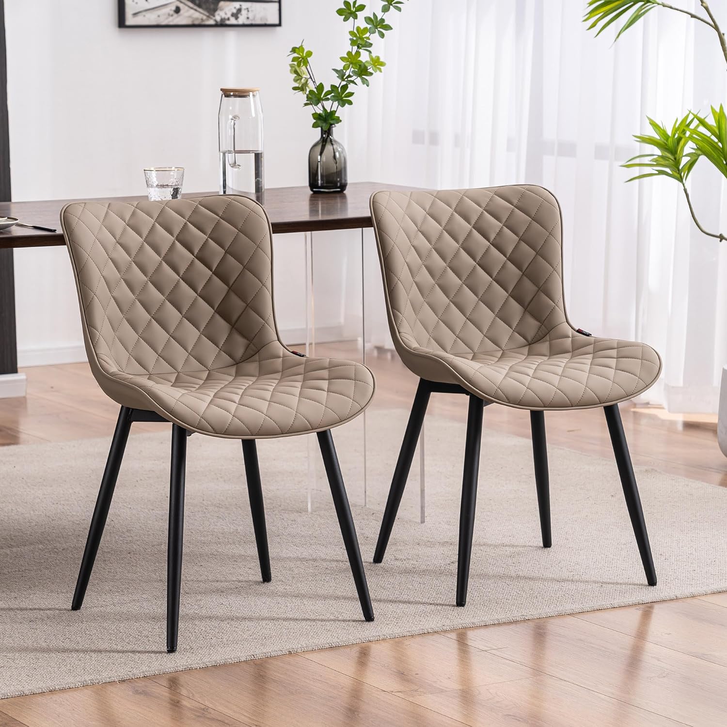 YOUTASTE Khaki Dining Chairs Set of 2 Mid Century Modern PU Leather Diamond Upholstered Accent Guest Dinner Chair with Back Metal Legs for Kitchen Living Reception Waiting Room