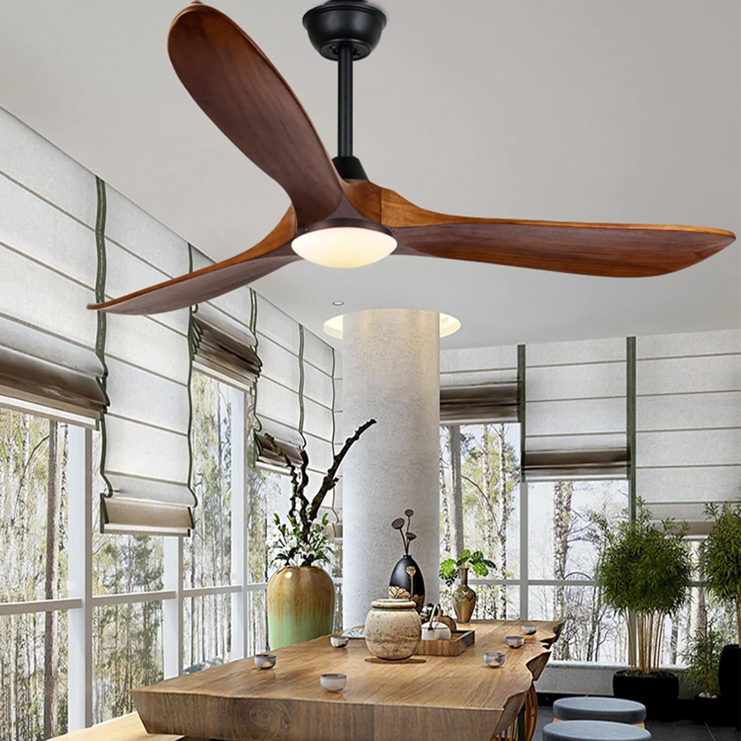 70 inch Large Ceiling Fan with Lights, Outdoor Ceiling Fan for Patio Waterproof, 3 Blades Propeller Wood Ceiling fan with lights, Reversible Quiet DC Motor for Exterior House Porch Farmhouse Gazebo