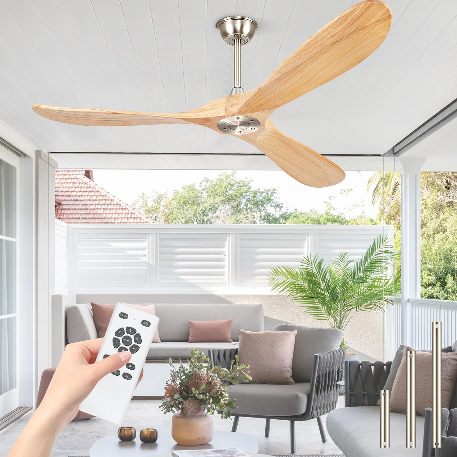 72 Ceiling Fans Without Lights, 72 inch Ceiling Fan no Light, Large Brushed Nickel Propeller Ceiling Fan with 3 Wood Blades, Outdoor Ceiling Fans for Patios