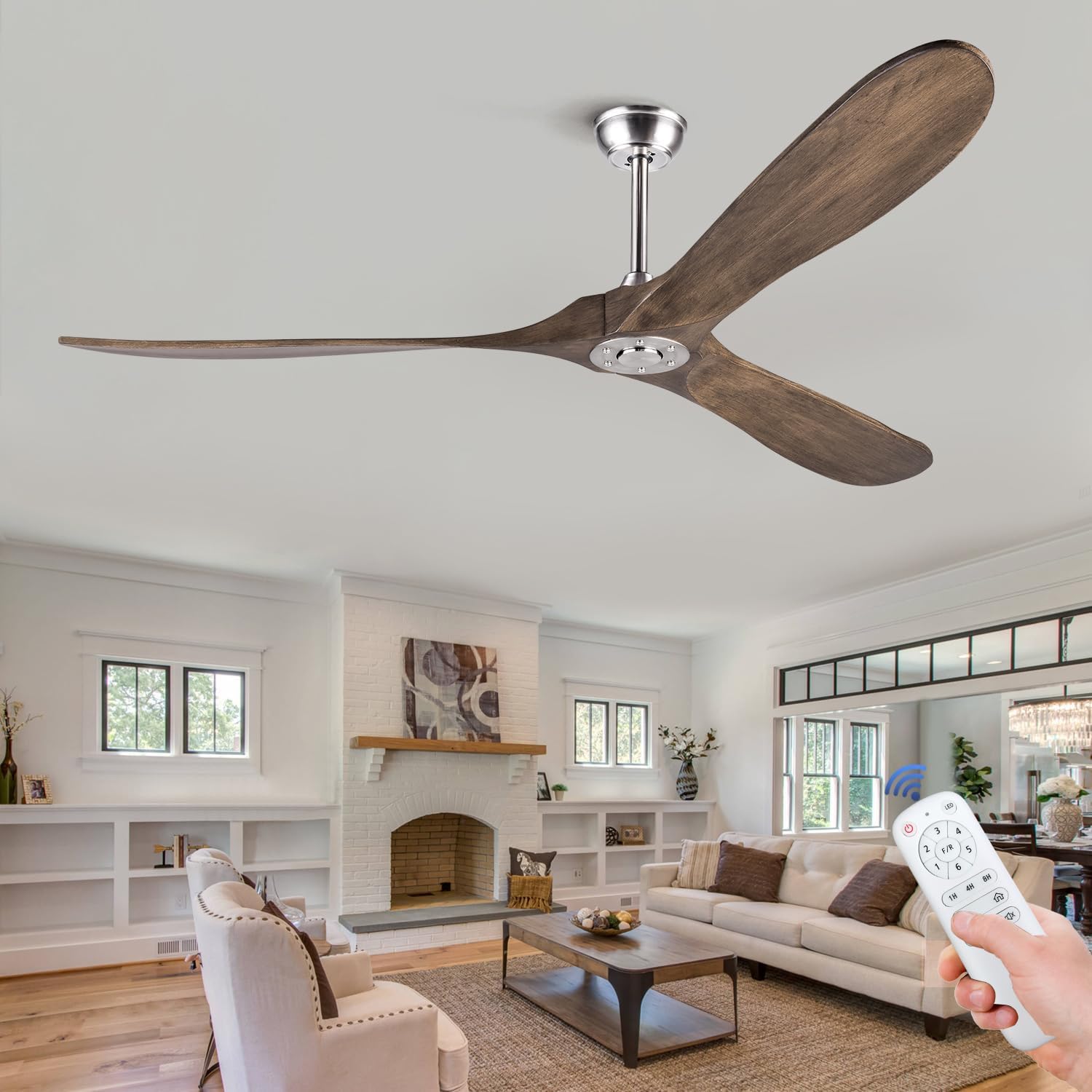 BOJUE 72 Inch Modern Solid Wood Ceiling Fan with Remote Control, Smart Ceiling Fan Without Light Indoor Outdoor for Farmhouse/Patio Living Room,Bedroom(Aged Pewter-light Grey Weathered Oak Blades)