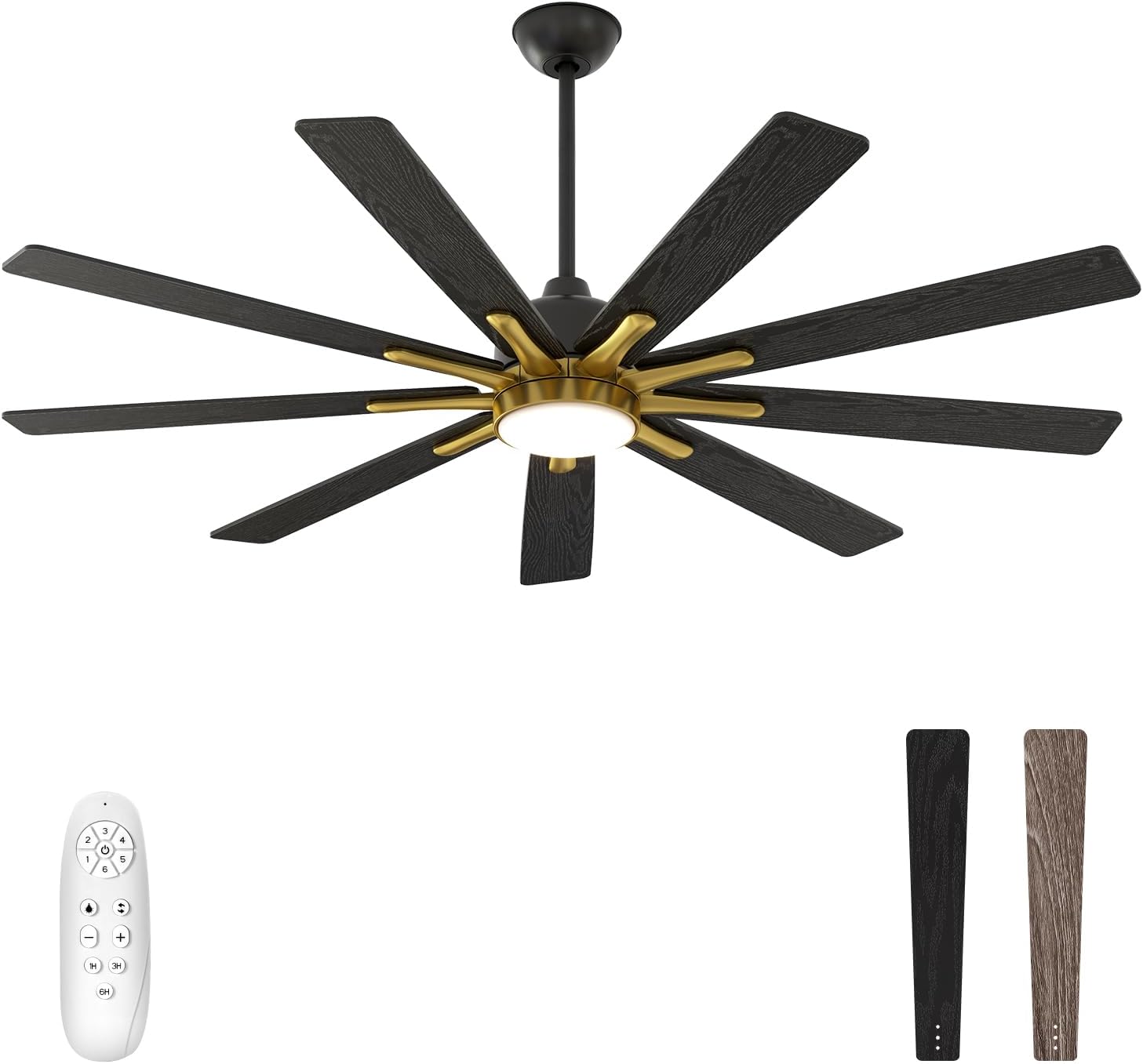 warmiplanet Ceiling Fan with Lights Remote Control, 62-Inch, Silent DC Motor, 6 Speed, Dimmable LED Light, Black/Gold, 9 Blades