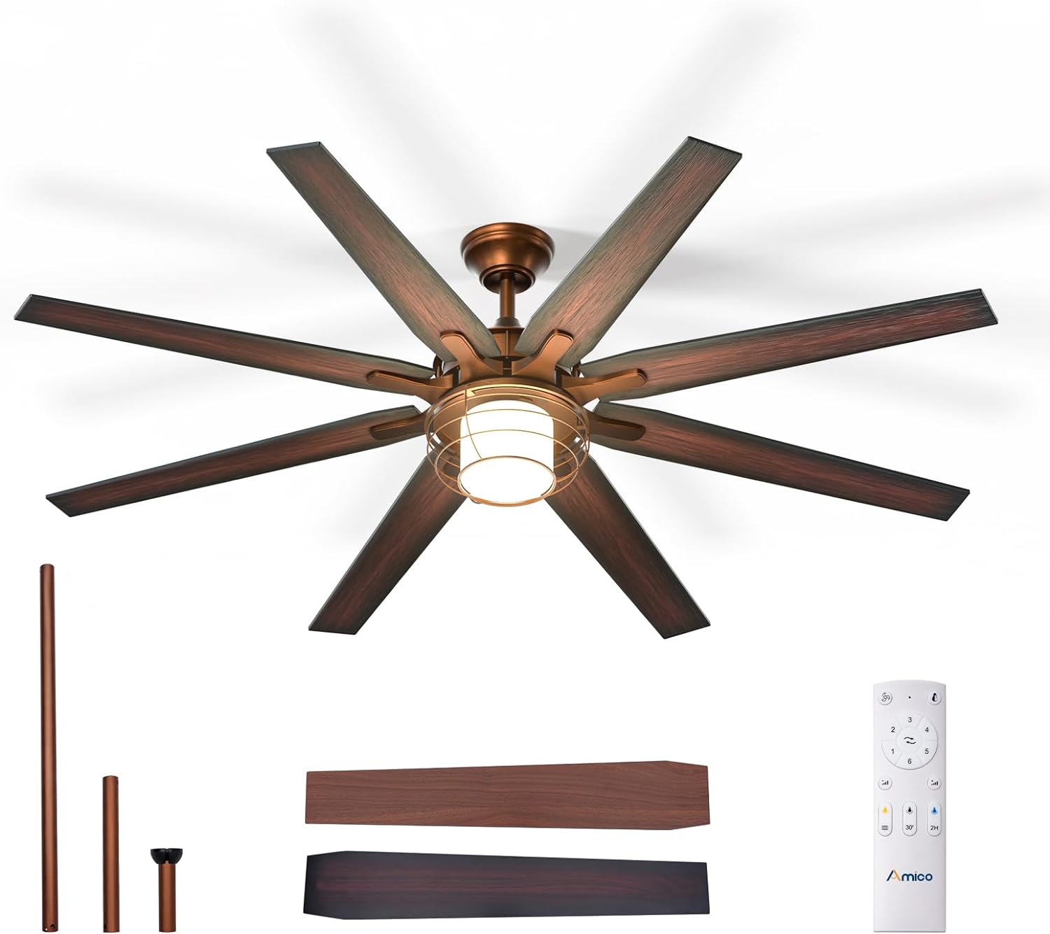 Amico Ceiling Fans with Lights, 66'' Indoor/Outdoor Bronze Ceiling Fan with Remote Control, Reversible DC Motor, 8 Blades, 3CCT, Dimmable, Noiseless, Vintage Ceiling Fan for Bedroom, Farmhouse