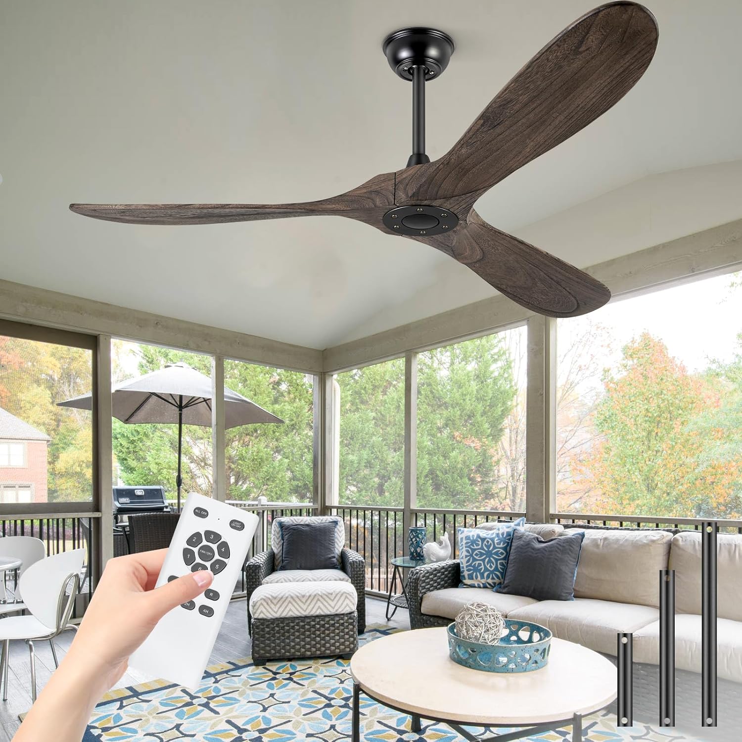 72 Ceiling Fans Without Lights, Solid Wood Ceiling Fan with Remote Control and Quiet DC Motor, Ceiling Fan no Light 3 Blades, Indoor Outdoor Ceiling Fans for Patios, Bedroom- Deep Brown