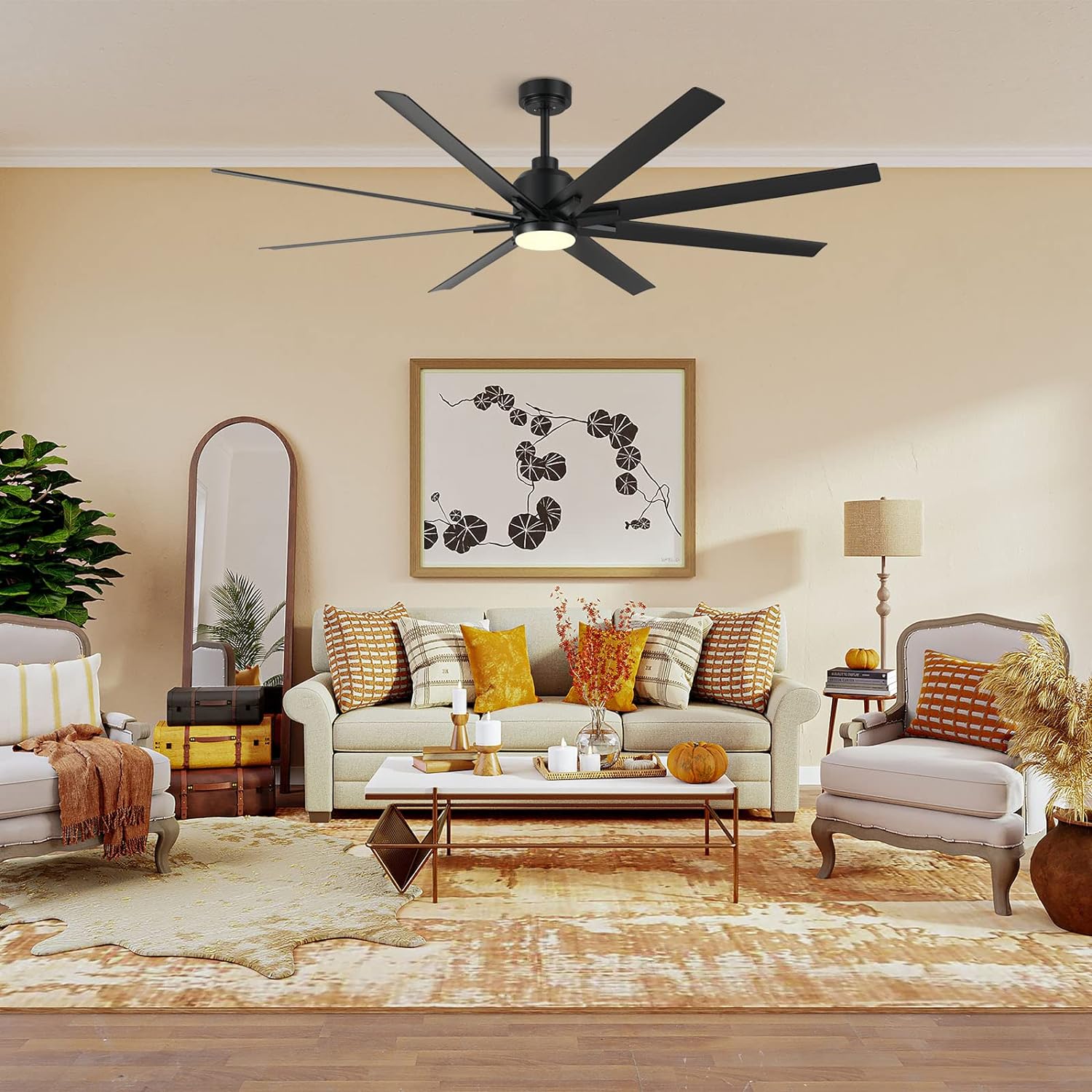 CJOY 72 Inch Ceiling Fans with Light, Modern Black Ceiling Fan with 8 Aluminium Blades, 6-Speed Reversible, DC Motor, 3 Dimmable Color Light Fan with Remote for Indoor Living Room/Covered Outdoor