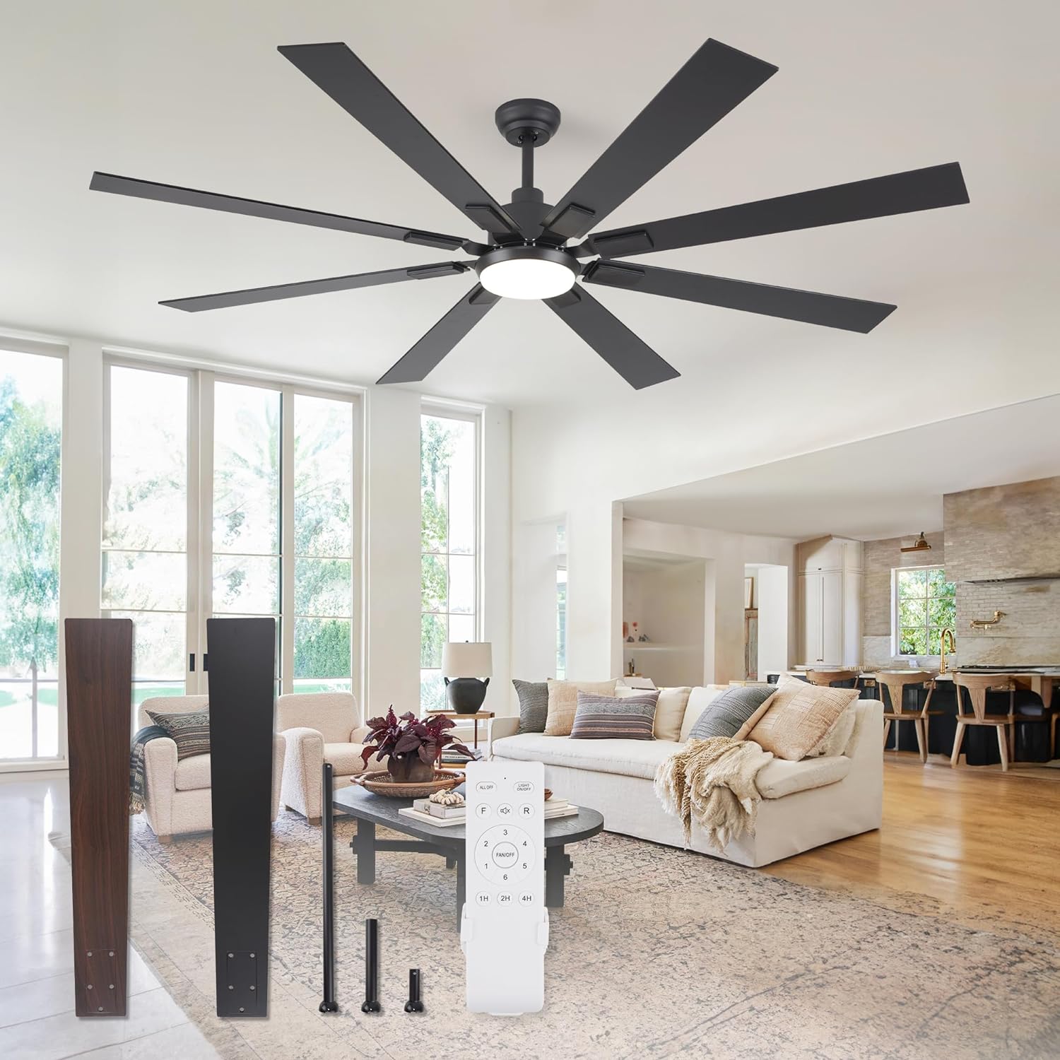 72 inch Large Ceiling Fans with Lights and Remote, Indoor/Outdoor Black Modern Ceiling Fan for Kitchen Living Room Patio, 6 Speed Reversible Quiet DC Motor, 3 CCT, Dual Finish 8 Blades