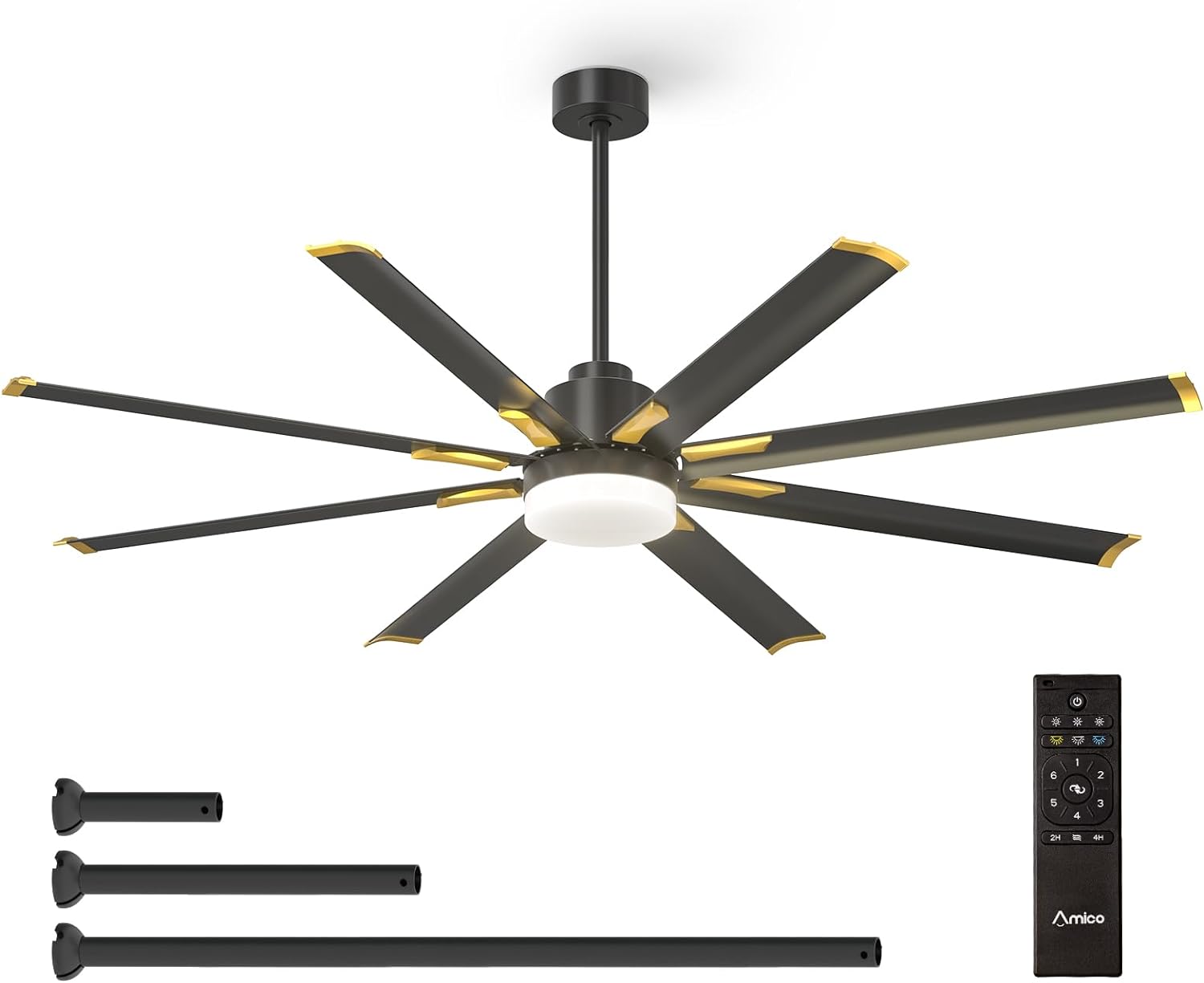 Amico Black and Gold Outdoor Ceiling Fan with Lights, 72 Inch Large Ceiling Fan for Living Room Patio, Remote Control Dimmable 6 Speed Reversible Quiet DC Motor Damp Aluminum Blades Modern Ceiling Fan