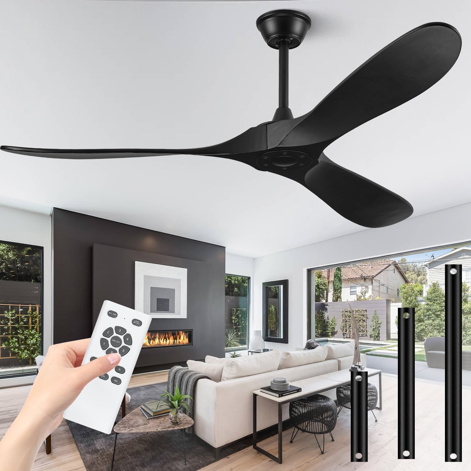 72 Outdoor Ceiling Fans for Patios, Matte Black Ceiling Fans Without Lights, 3 Blade Wood Ceiling Fan no Light with Remote Wet Rated for Indoor Outdoor Farmhouse, Porch, Gazebo, Bedroom