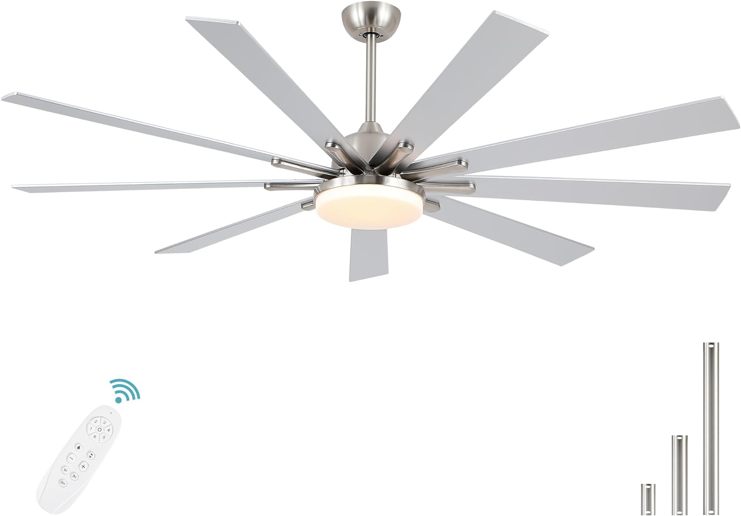 72 inch Large Ceiling Fans with Lights and Remote Control, Modern Ceiling fan with 9 Wooden Blades for Kitchen Living Room Patio,Quiet DC Reversible Motor,Dimmable,6 Speed,Brushed Nickel