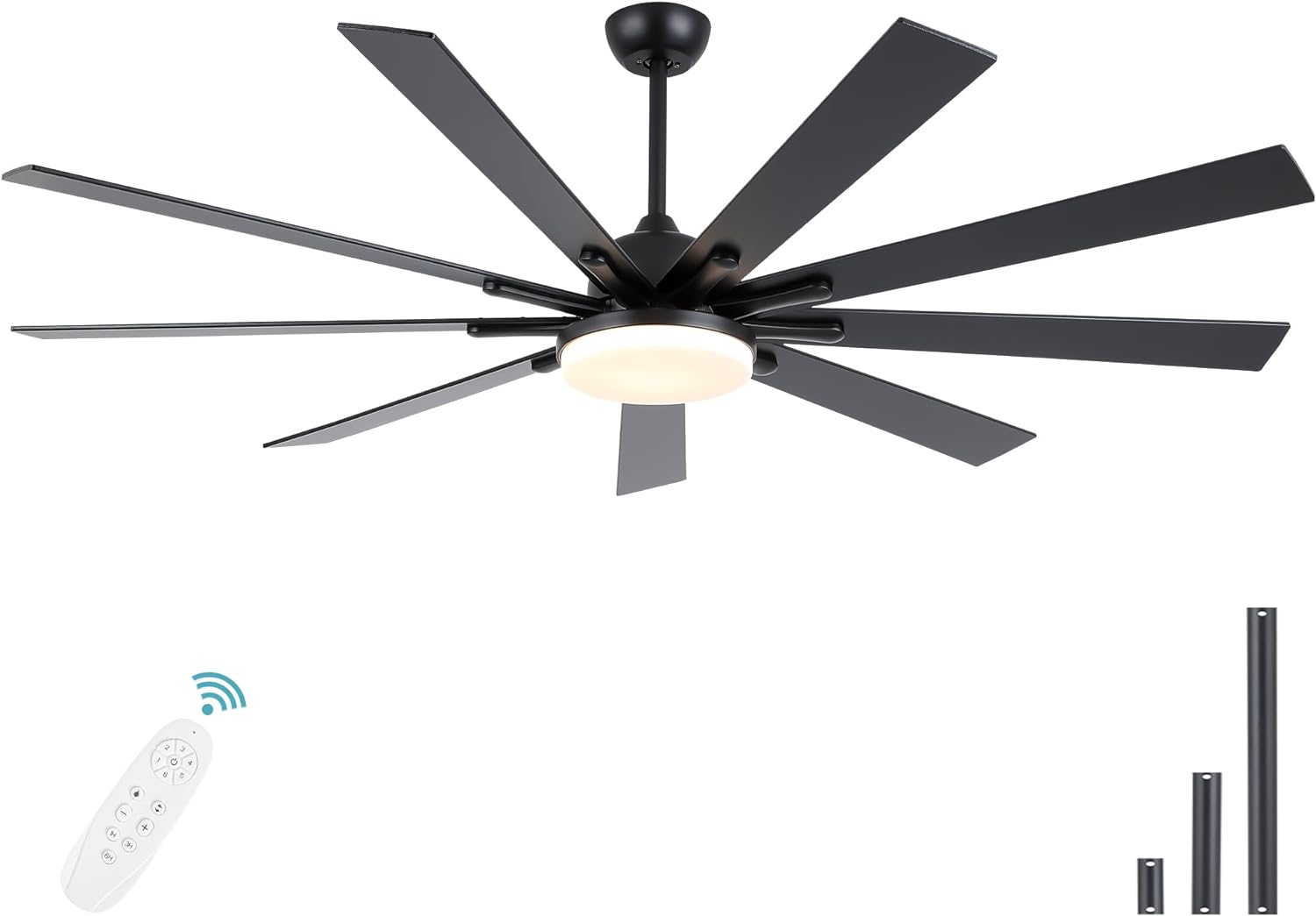 72 inch Large Ceiling Fans with Lights and Remote Control, Modern Black Ceiling fan with 9 Wooden Blades for Kitchen Living Room Patio, Quiet DC Reversible Motor,Dimmable,6 Speed