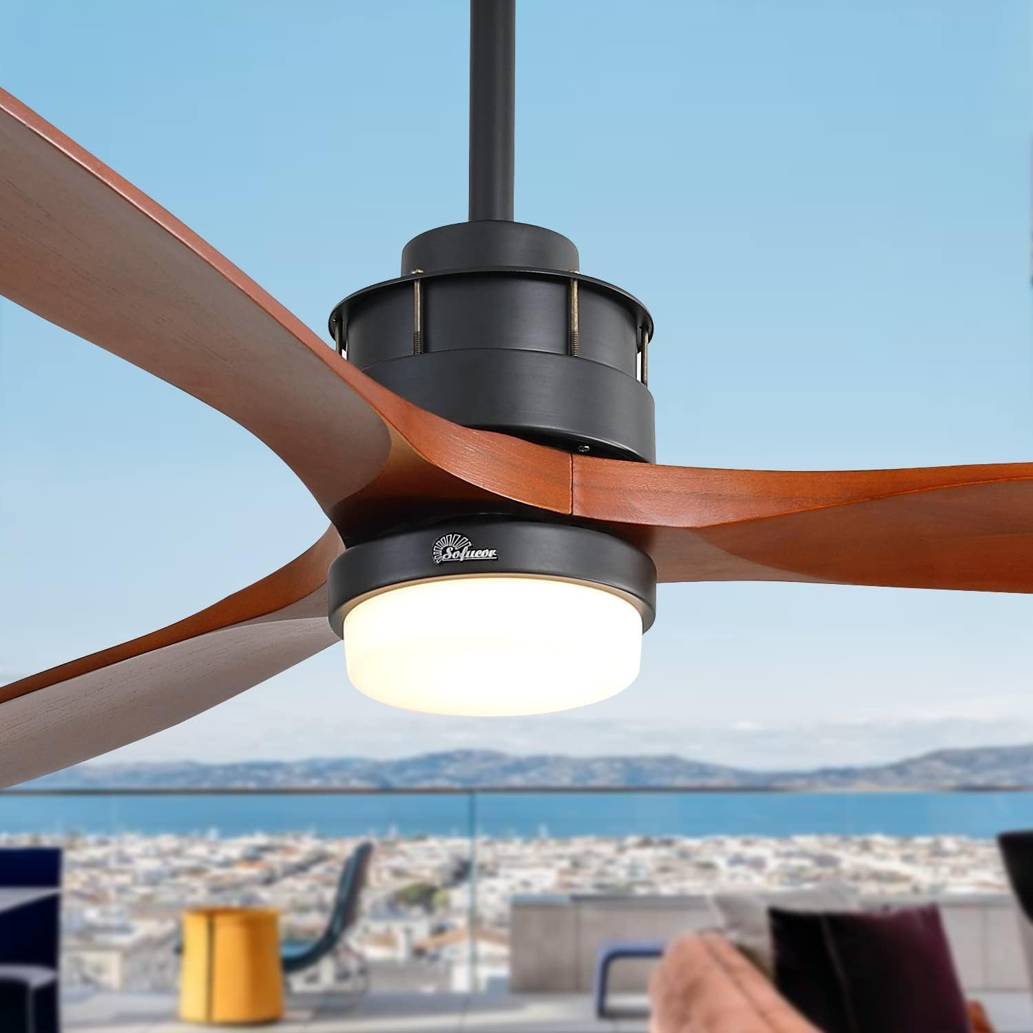 Sofucor 60 Inch Ceiling Fan With Lights Remote Control, Modern 3 Carved Blades Wood Ceiling Fan, Outdoor Ceiling Fan with Light, Noiseless Reversible DC Motor for Patios Bedroom