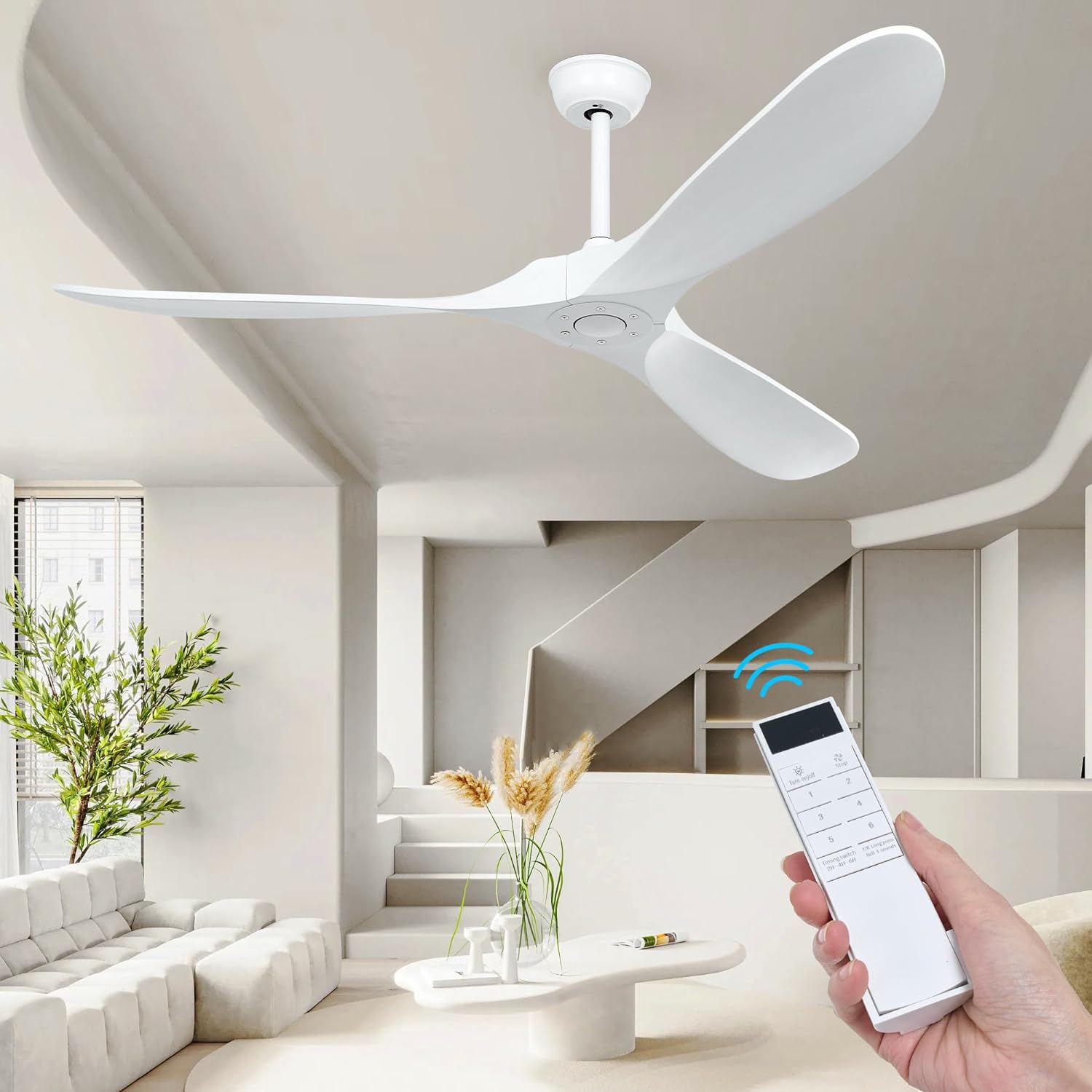 60 Ceiling Fan with Remote Control, 3 Wood Fan Blades White Ceiling Fan, Modern Reversible 6 Speed DC Motor Ceiling Fans for Patio, Living Room, Bedroom, Office